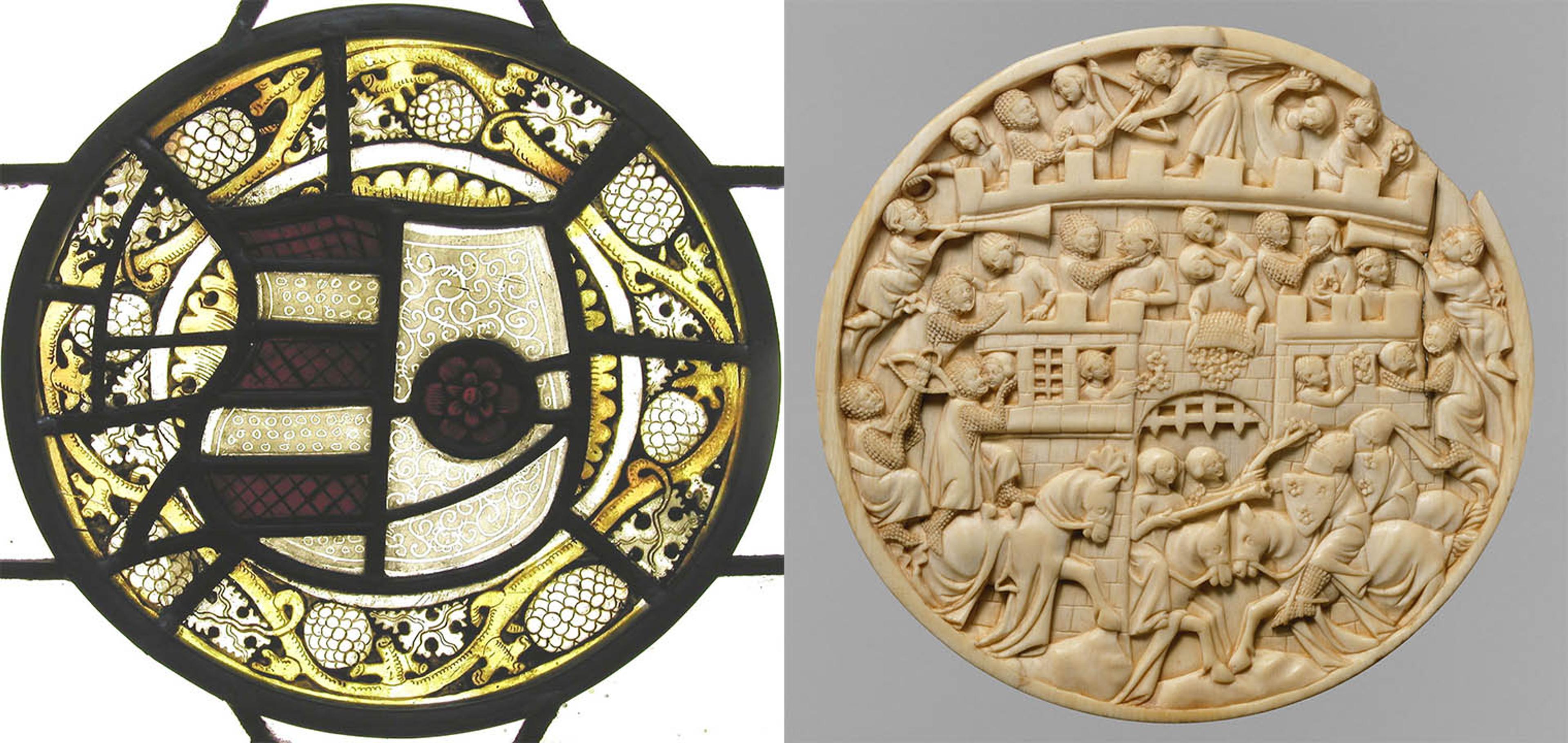 An armorial roundel depicting the arms of Barry of six Gules and Argent impaling Argent a Rose Gules