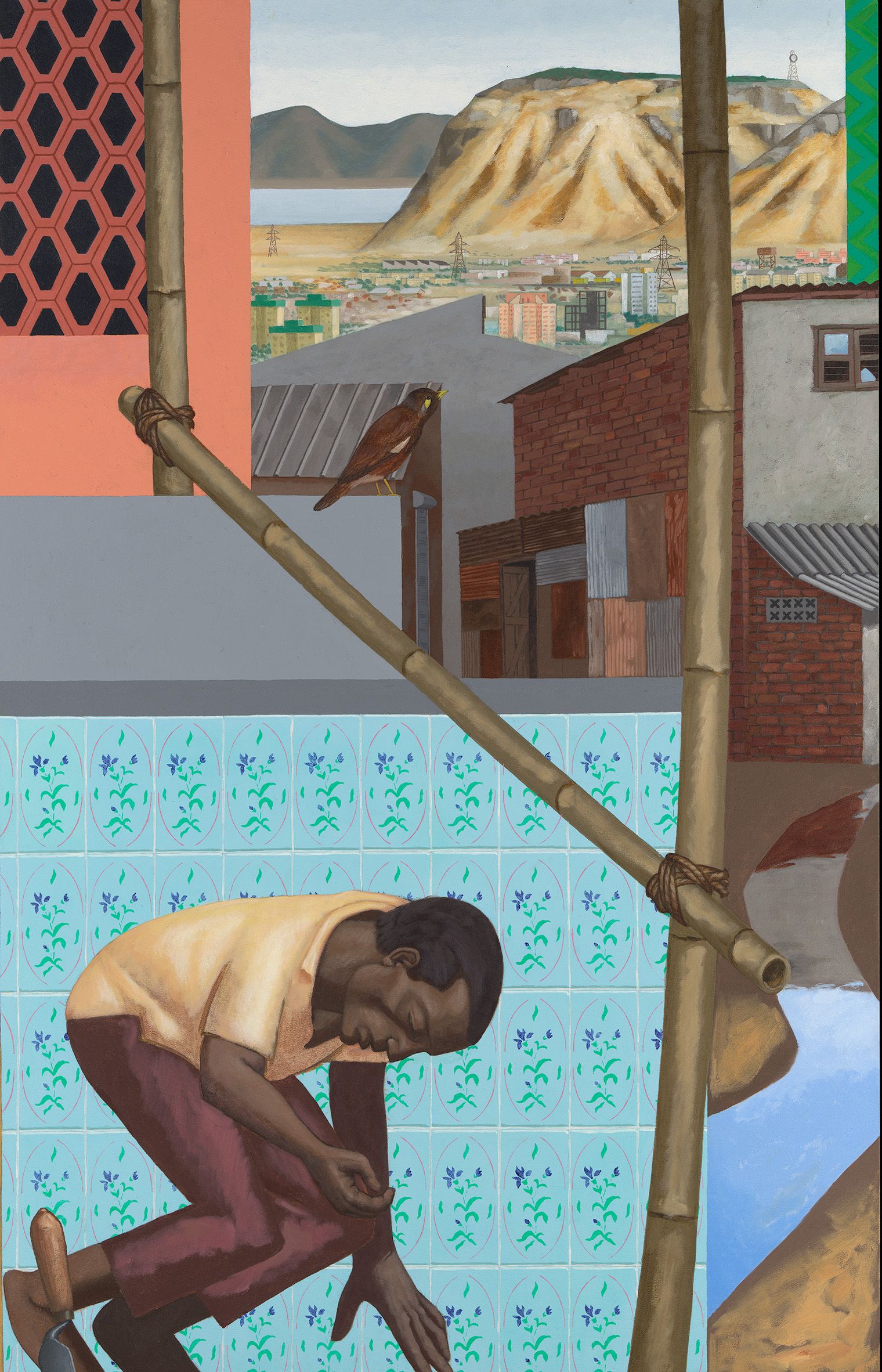 A man crouches introspectively on a tiled surface beneath bamboo scaffolding. In the background, urban rooftops blend with distant hills under a soft sky.