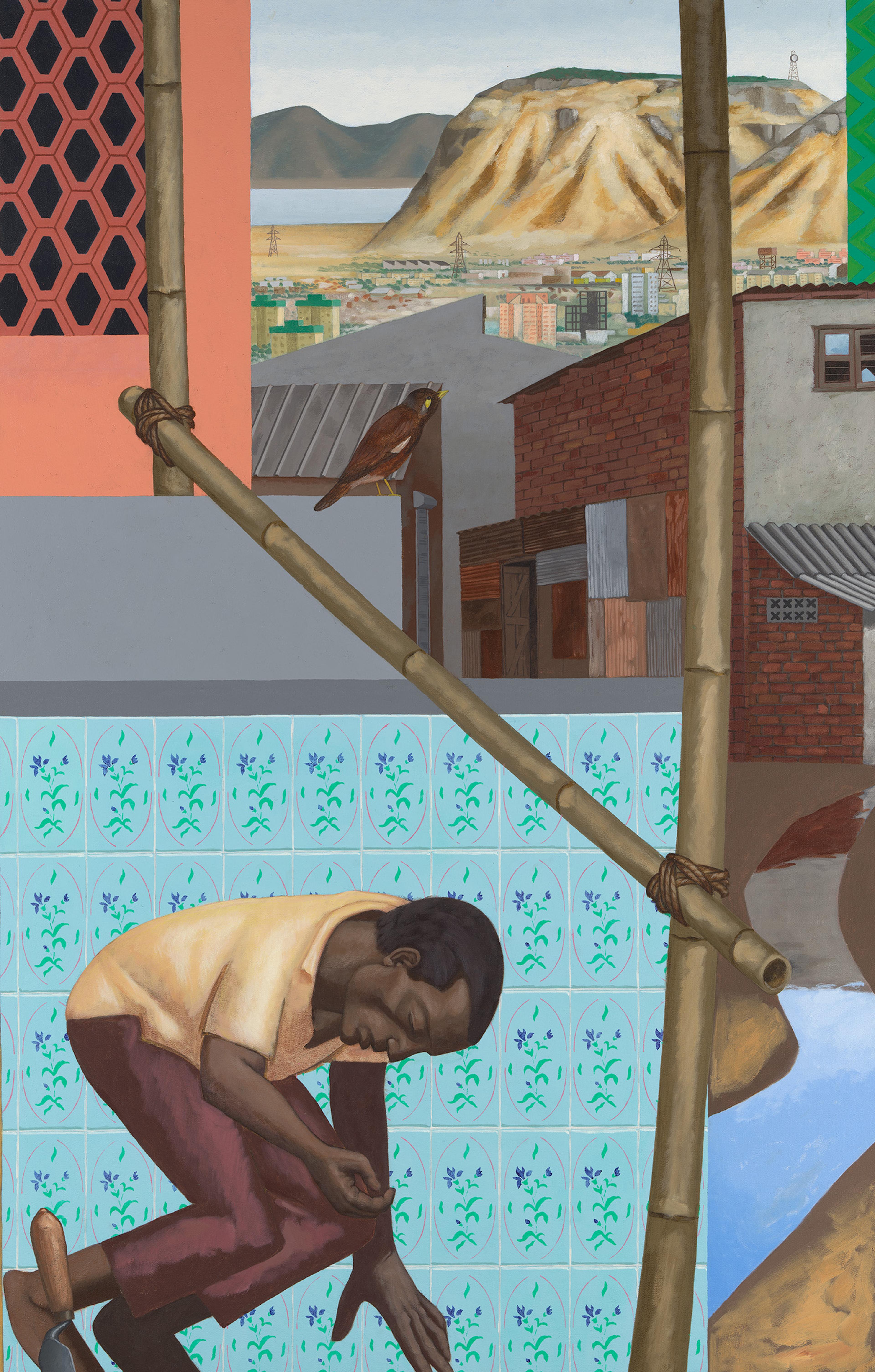 A man crouches introspectively on a tiled surface beneath bamboo scaffolding. In the background, urban rooftops blend with distant hills under a soft sky.