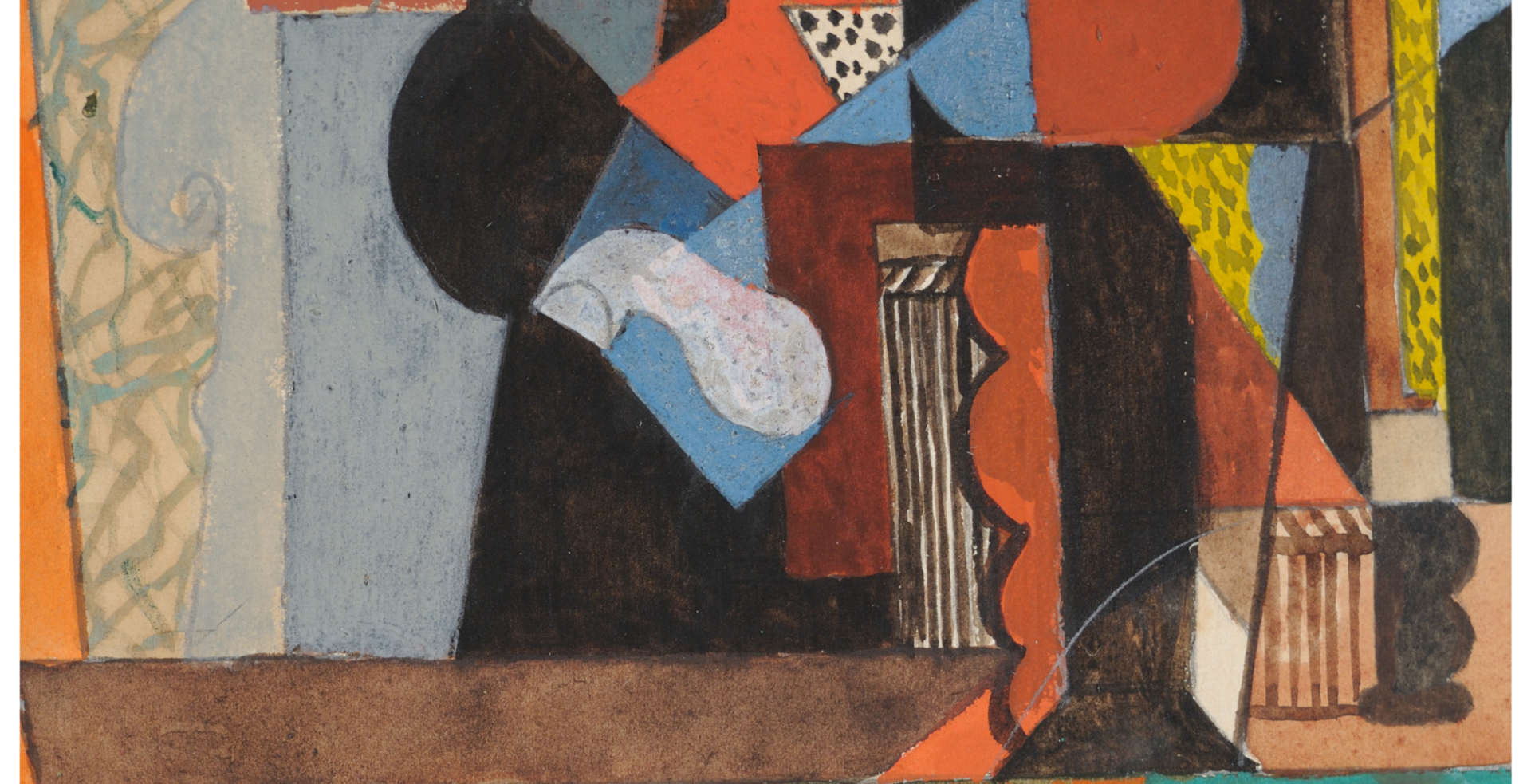 "Man with a Guitar" detail highlighting the shiny white and pale blue resin that contrasts with the matte watercolor