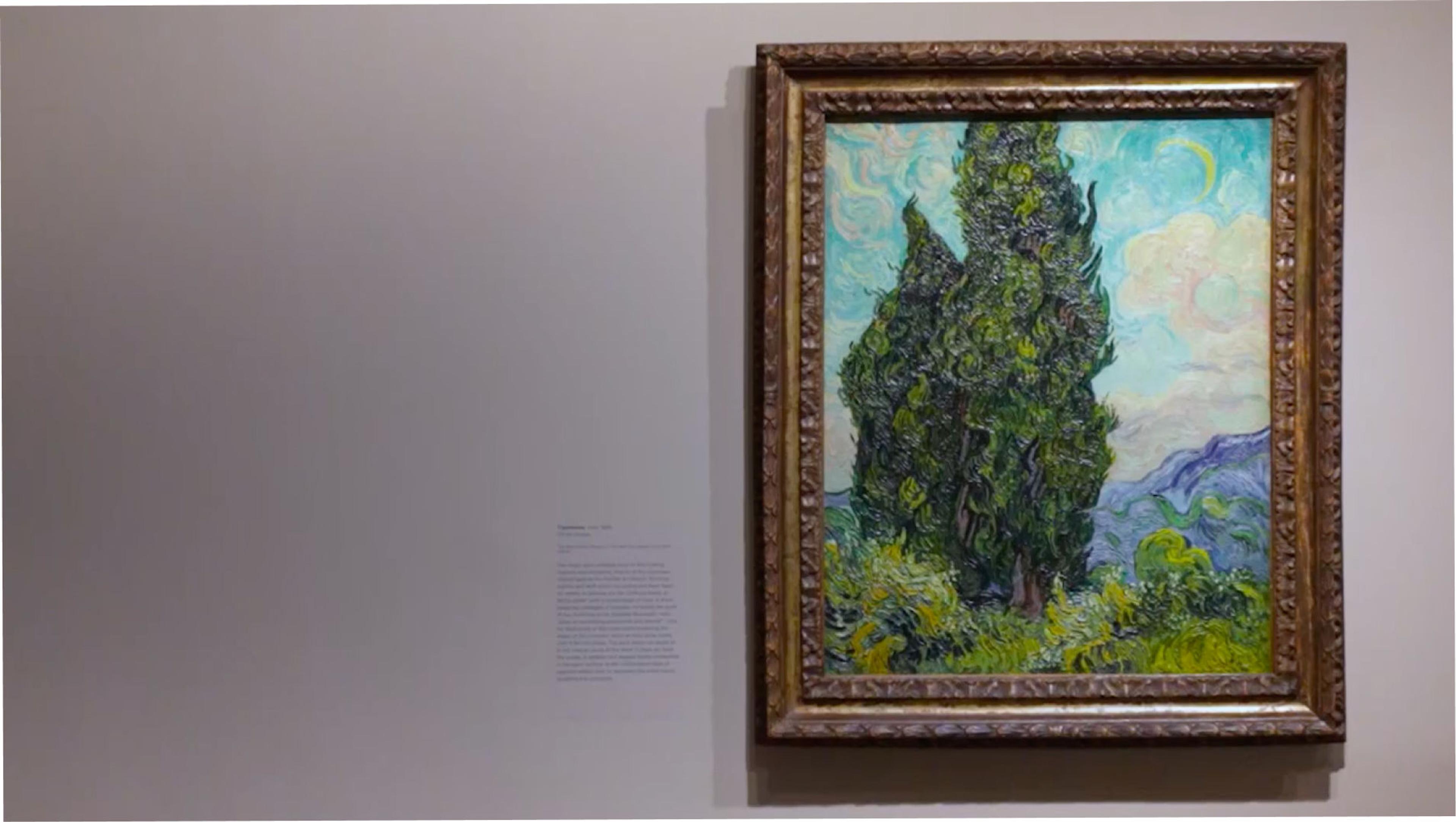 Vincent Van Gogh’s Cypresses hangs on a wall in a wooden frame. The painting depicts tall trees on the left side with a swirling sky behind.