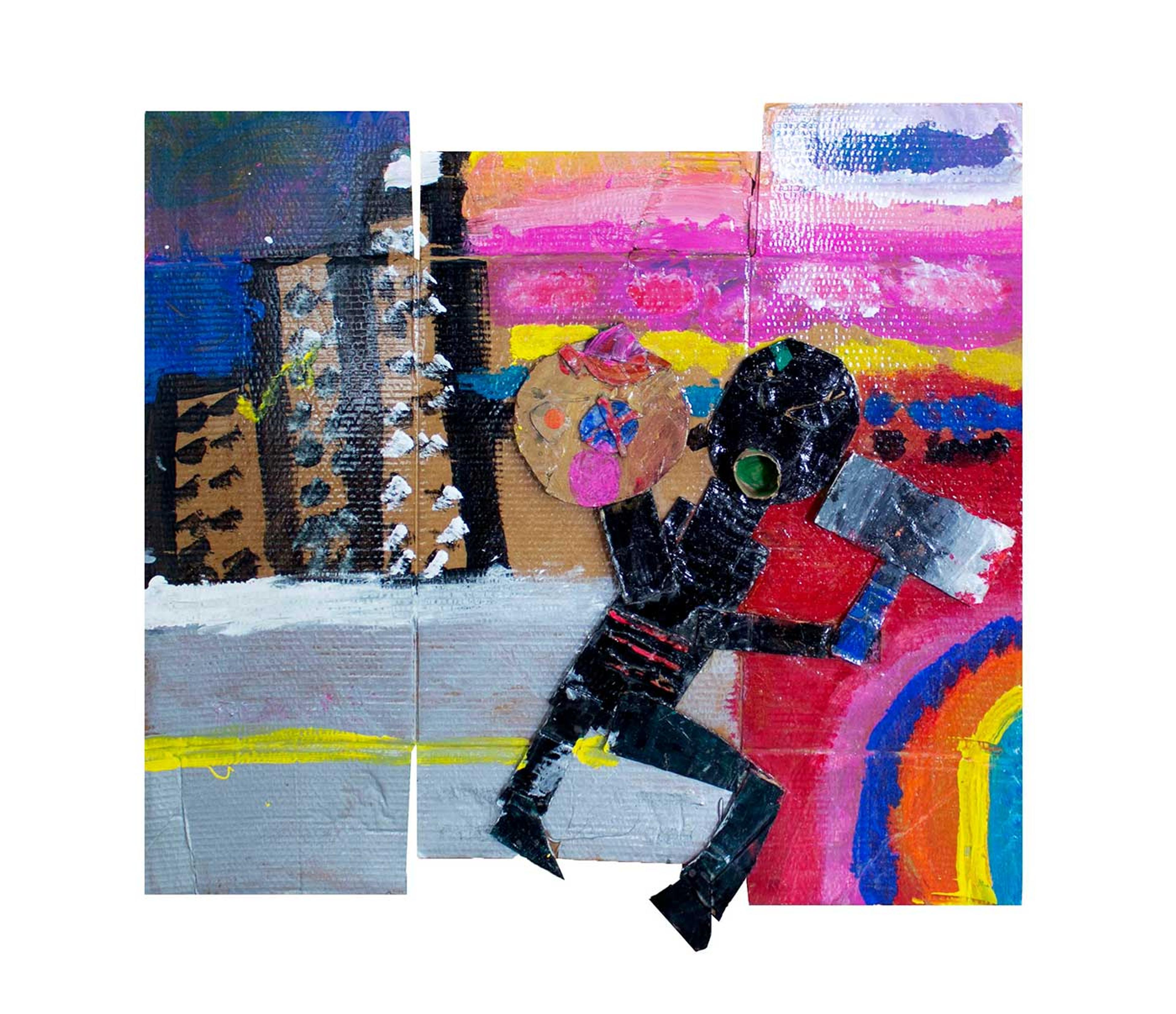 Collage of a super hero running through a city with a rainbow background.