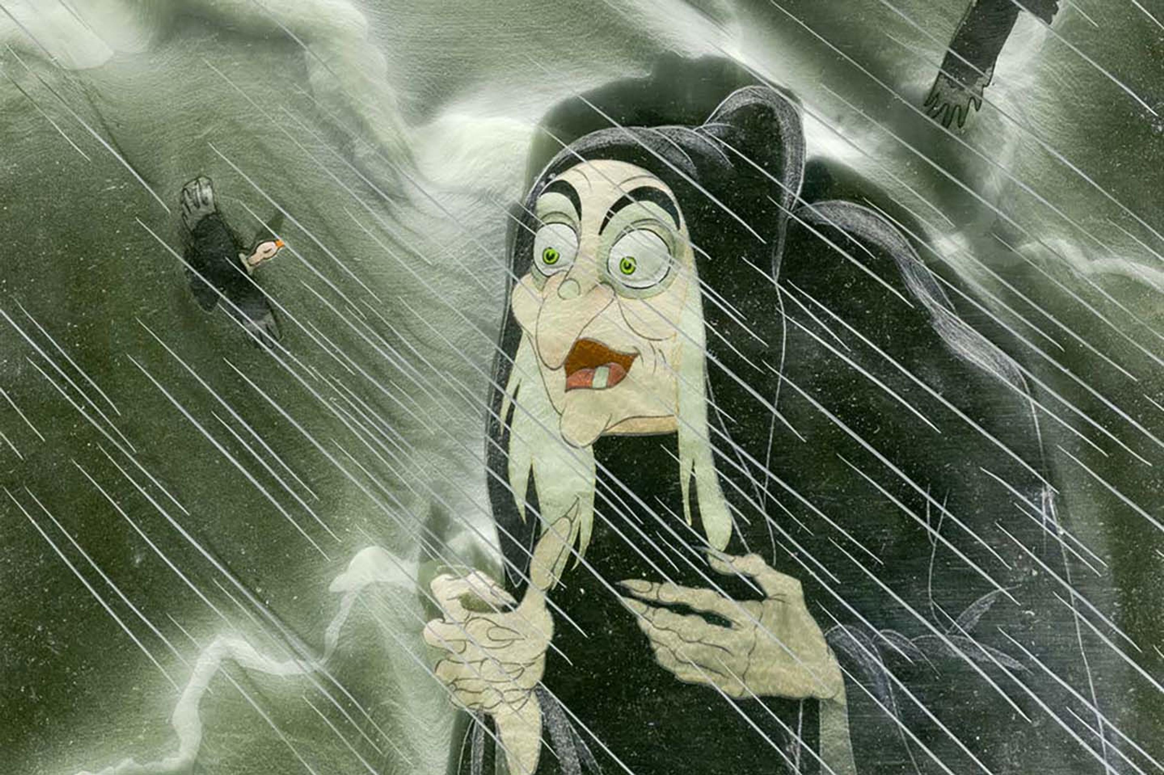 The Evil Witch in the rain with vultures flying overhead from "Snow White."