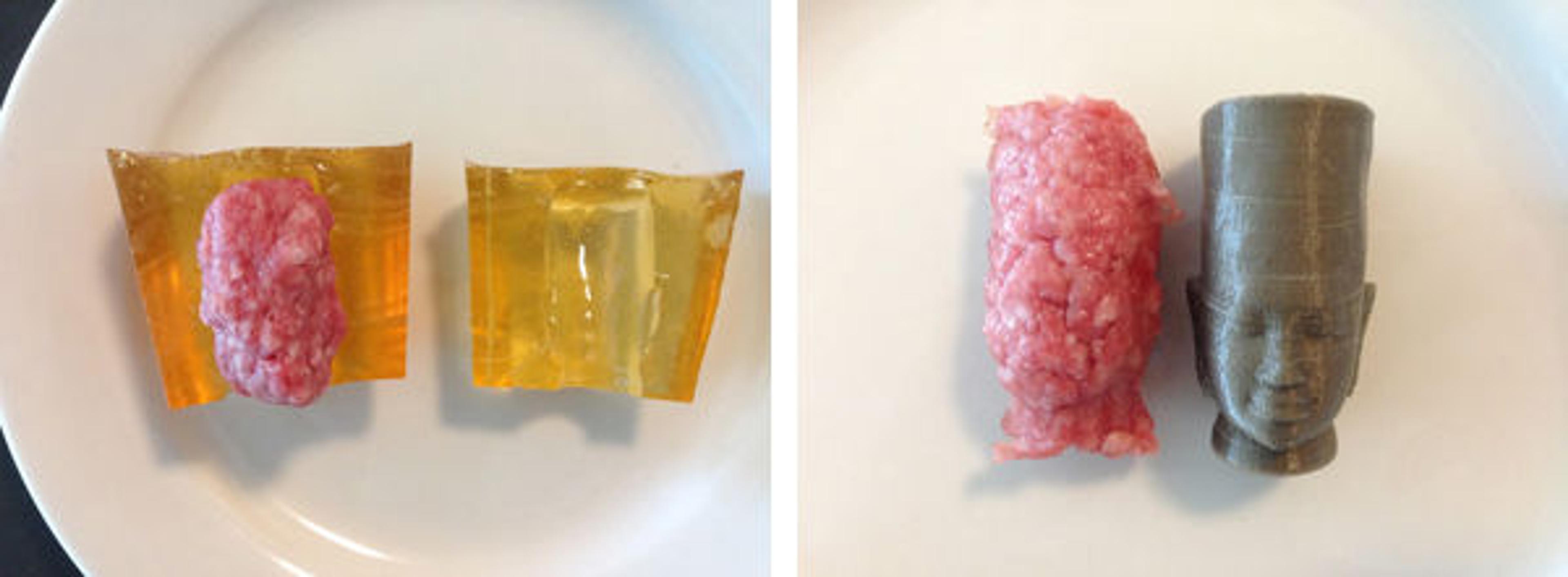 Left: Meat in mold. Right: Meat casting next to 3D object.