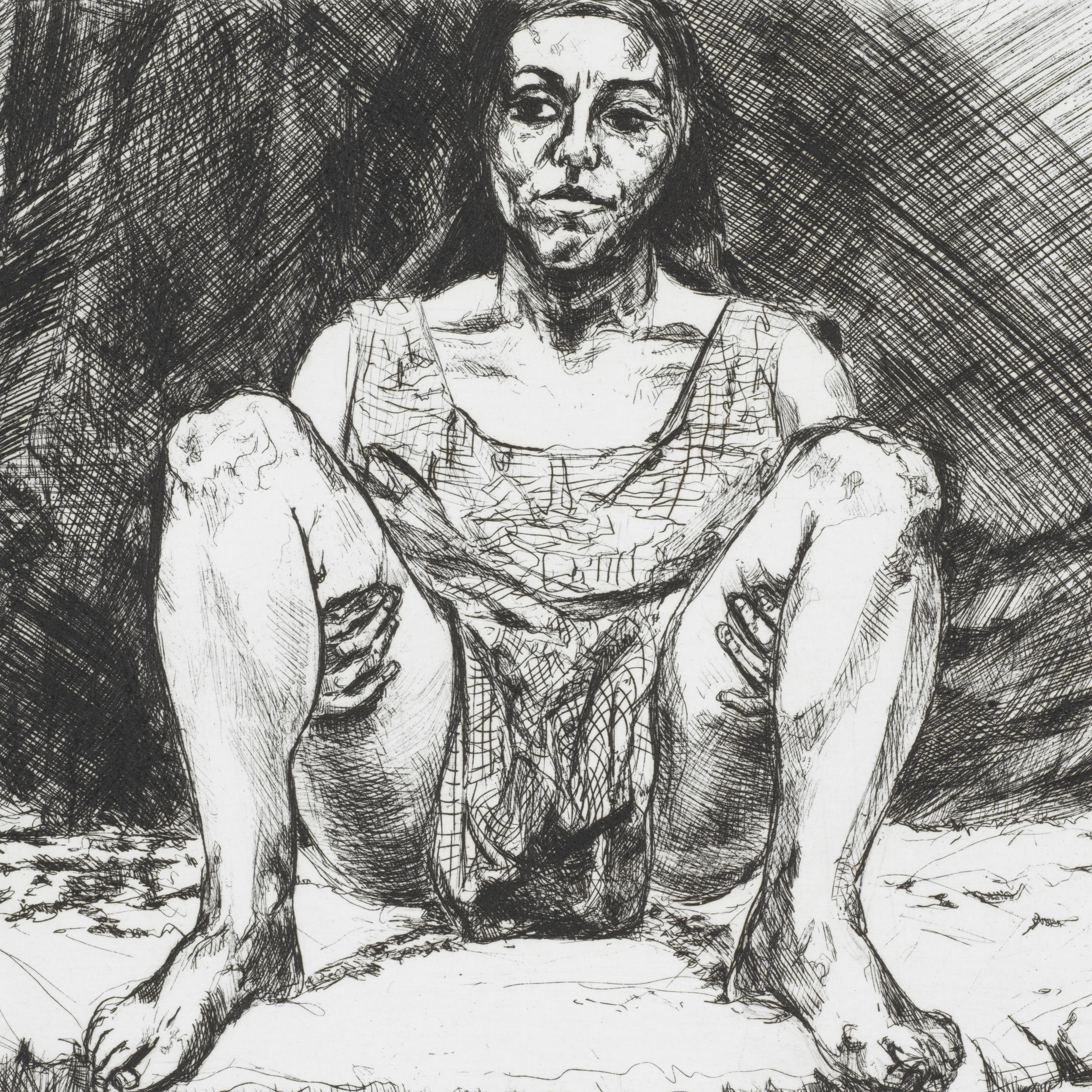Woman sitting, black and white shading. She looks to be in distress.