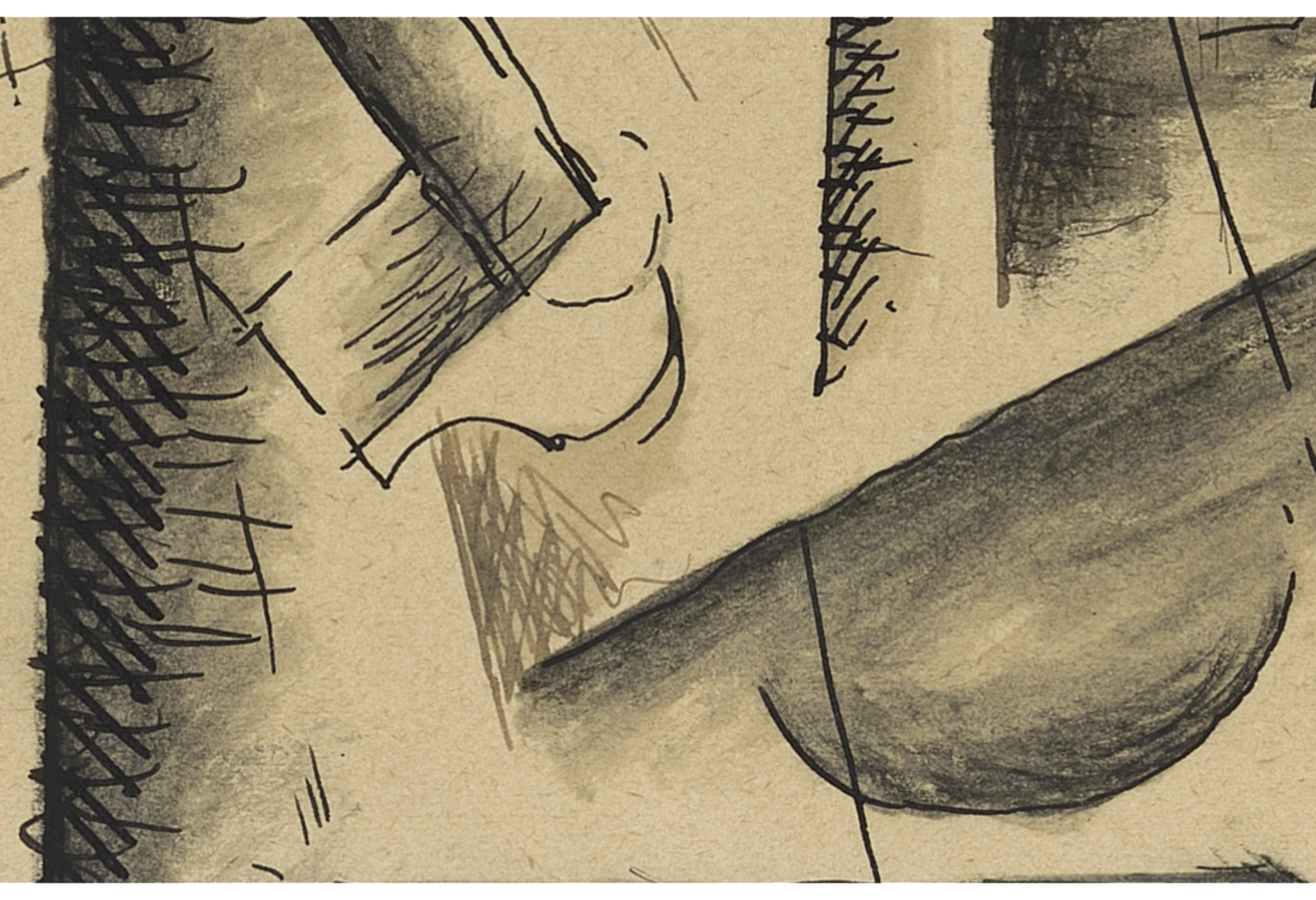 Detail of “Standing Woman” shows the charcoal-oil mixture that Picasso used to shade underneath the ink lines