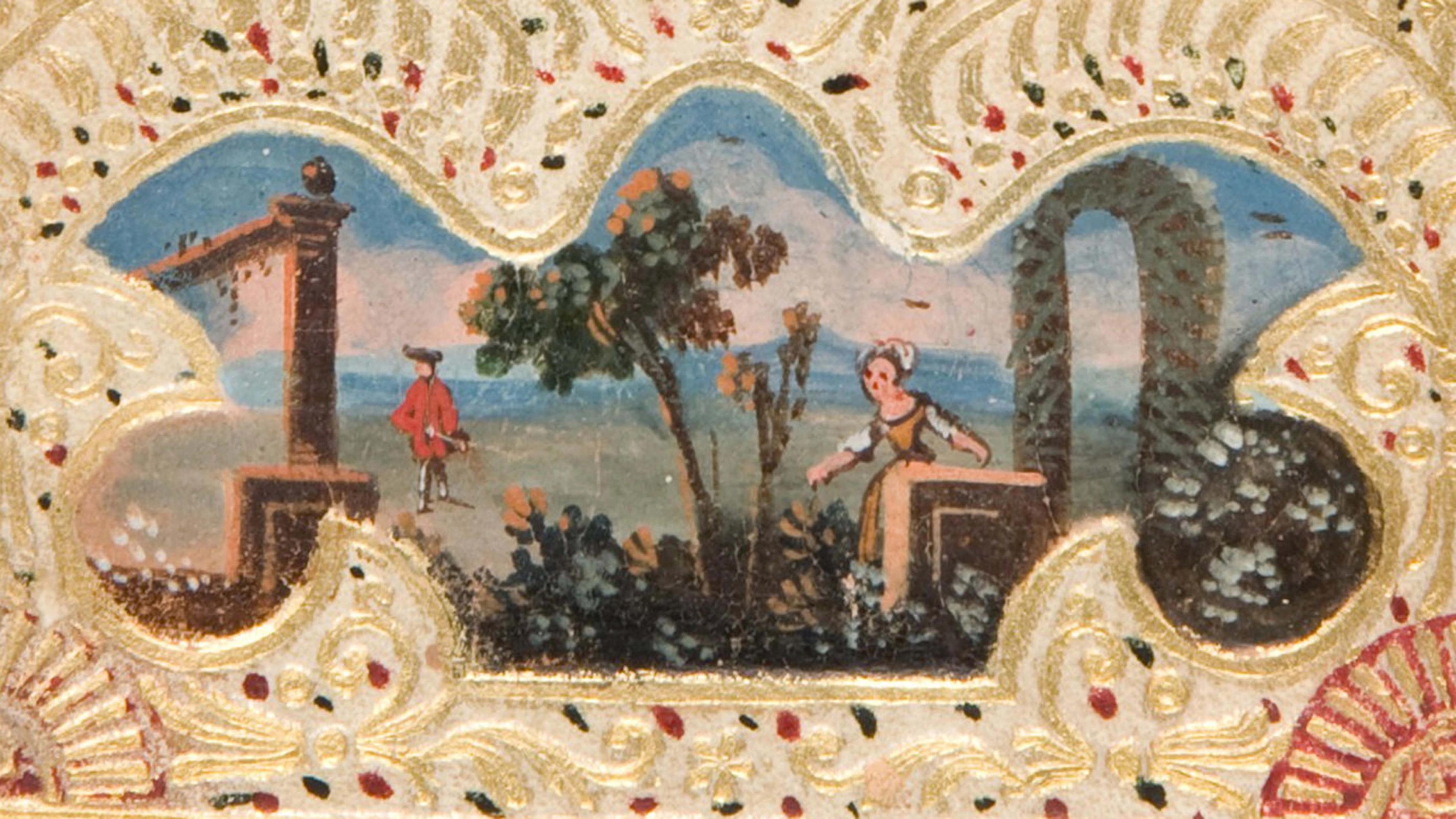 A small, detailed painting framed by an ornate gold border, showing two figures in a landscape with trees, flowers, and distant hills under a blue sky
