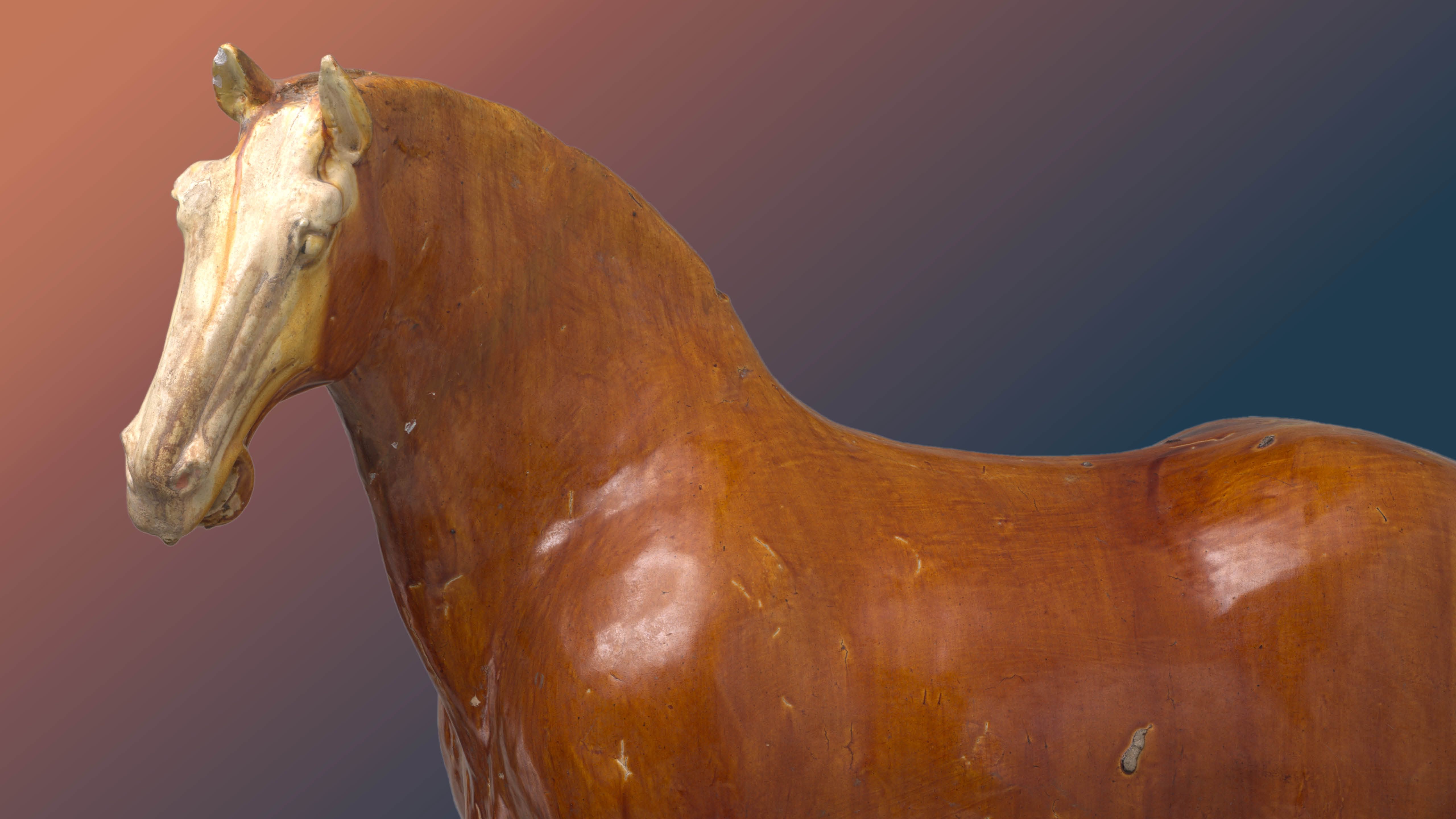A wooden horse sculpture with a glossy finish, showcasing a realistic texture. The background is a gradient of warm orange to cool blue, creating a vintage feel.