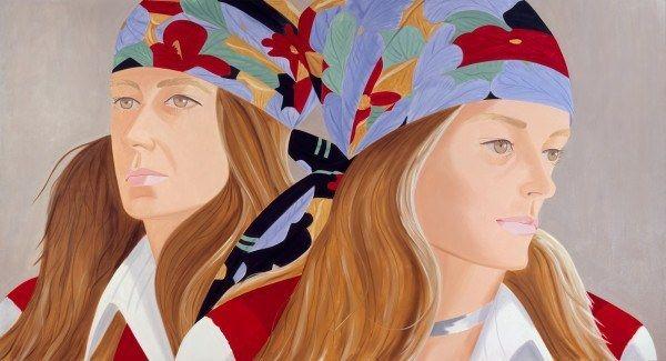 A painting by Alex Katz of two women with long hair wearing brightly colored scarves on their heads