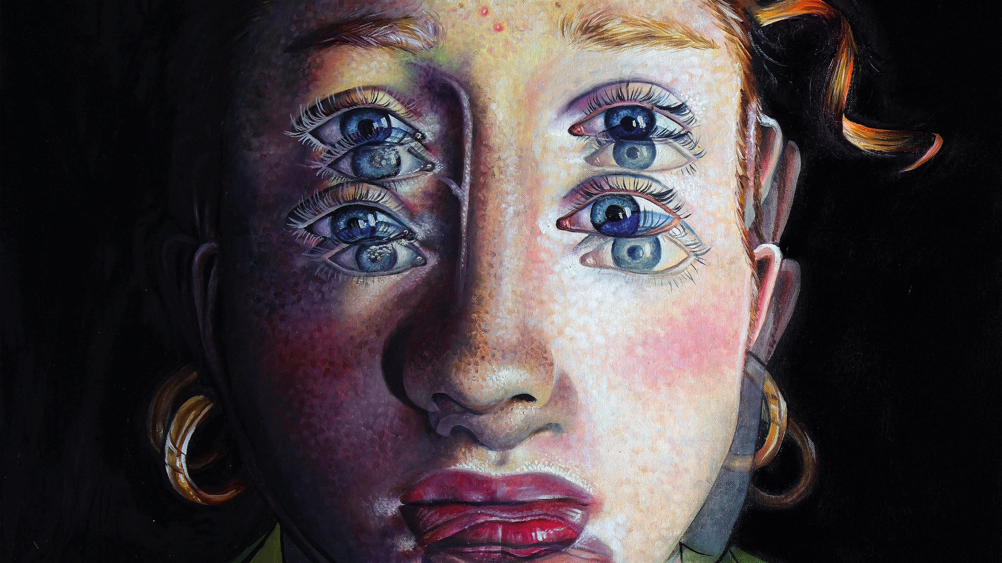 Painting of a womans face, with multi eyes and multi lips.