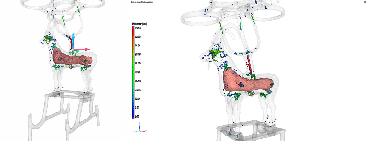 a 3d scan of an ibex sculpture rotating on the left and still on the right