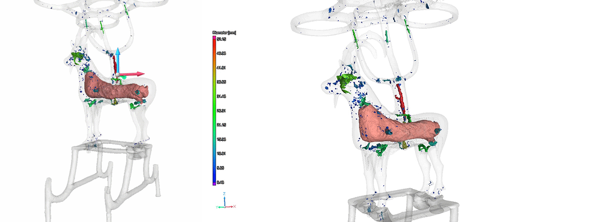 a 3d scan of an ibex sculpture rotating on the left and still on the right