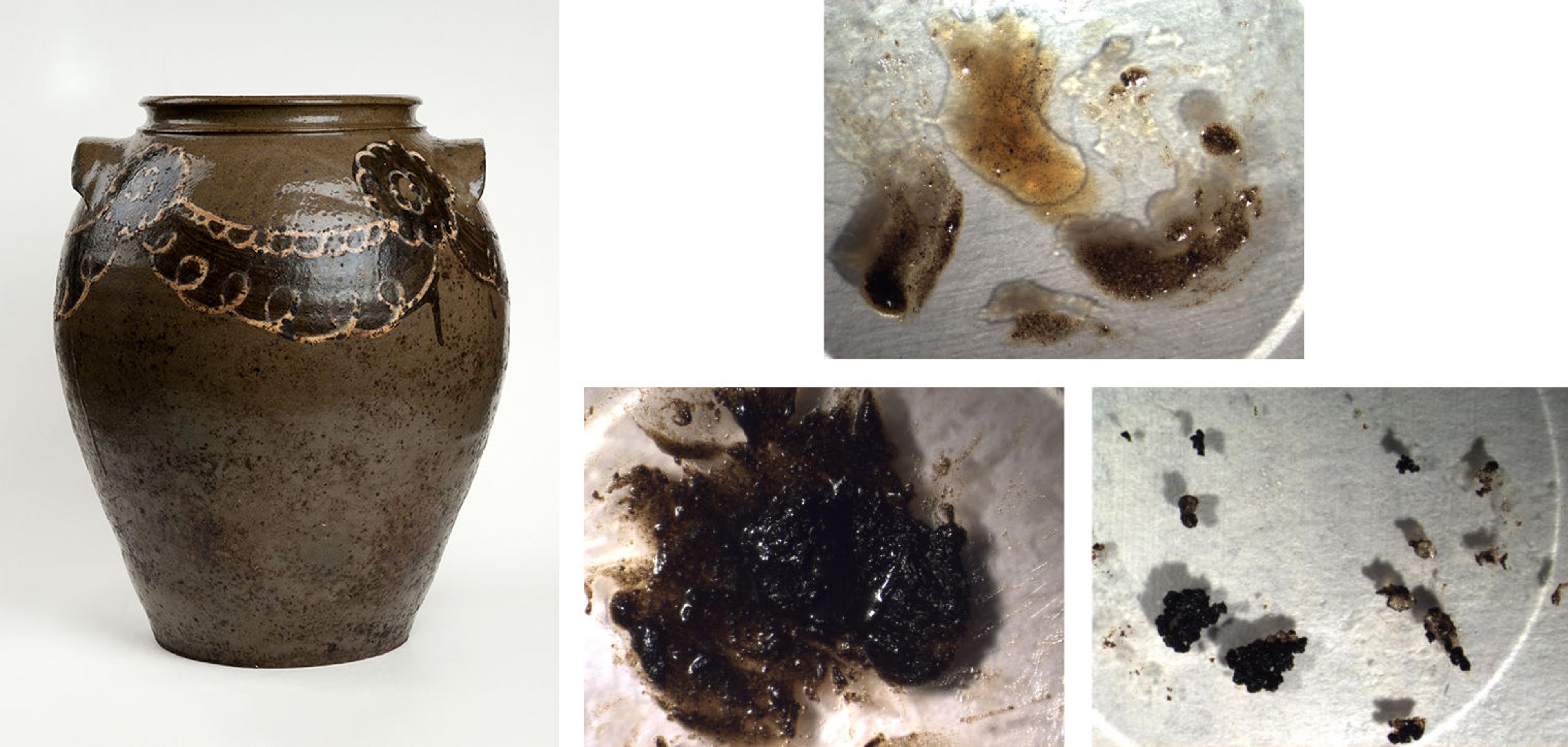 Composition image: on the left a full-length view of a jar decorated with a painted floral garland motif circling the top, and on the right a grid of three photographs show close-ups of dark and light brown sample residues collected from the jar for scientific research.