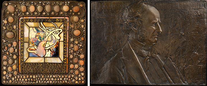 Square stained-glass window by Tiffany with organic squash shape in center and glass pebbles in frame on left; bronze plaque with relief showing head of man, right