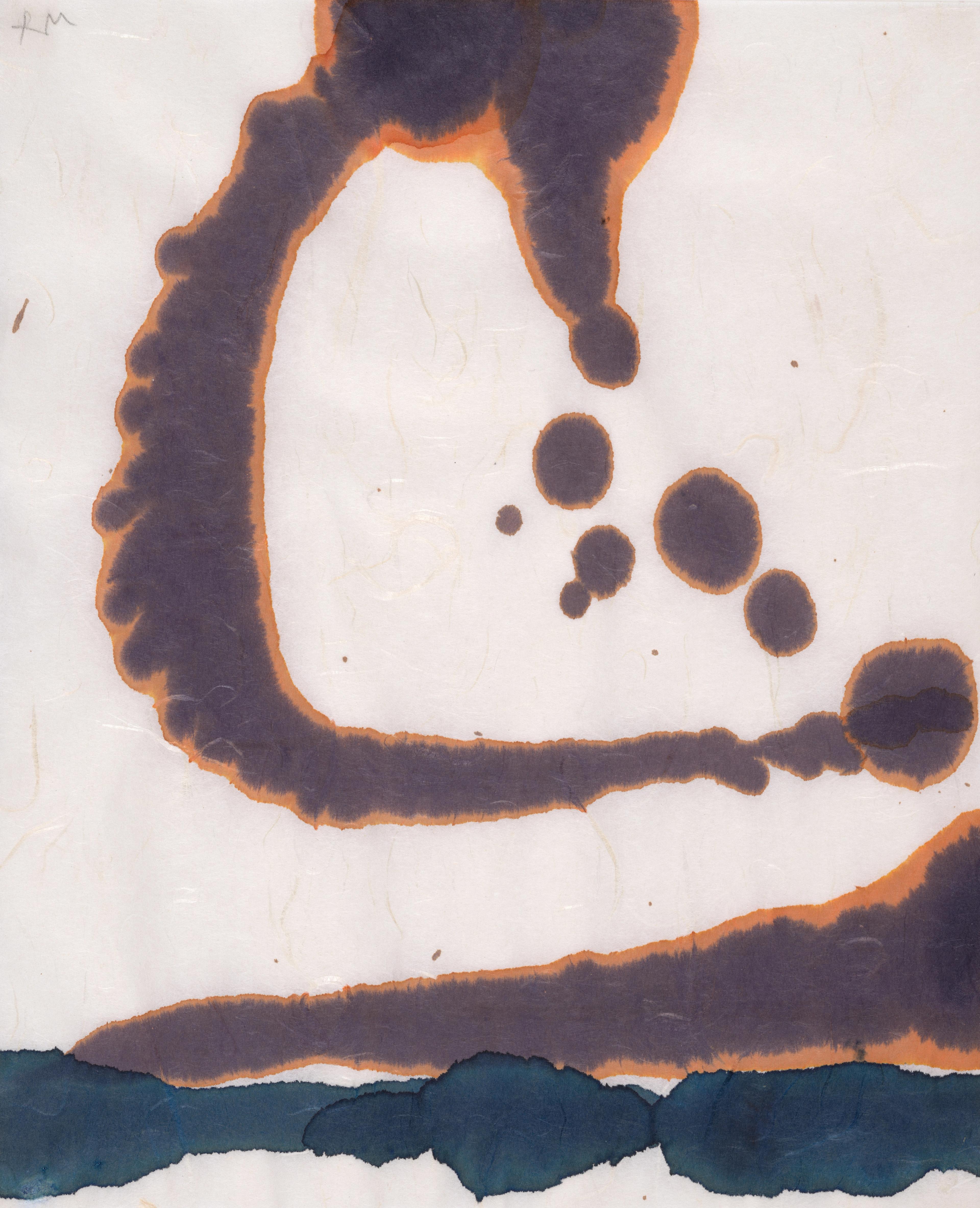 An abstract ink painting in browns and dark blue.