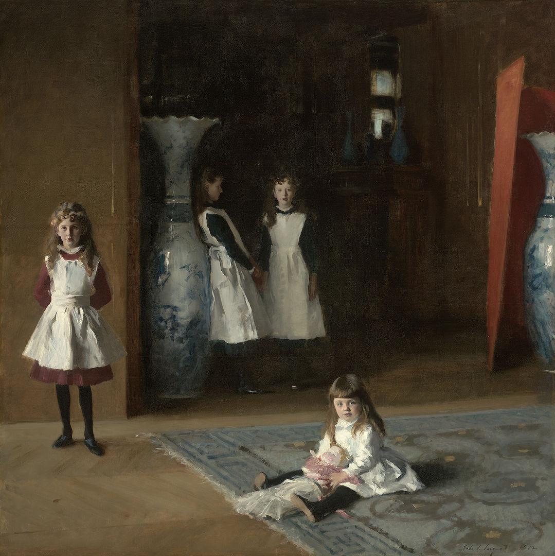 Painting of four young girls in a room with a decorative carpet and two Chinese vases and hardwood floor. Three of the young girls look to be around older than five with white dresses on and blond hair. The youngest girl looks like a toddler and is sitting on the carpet with a doll in her lap.