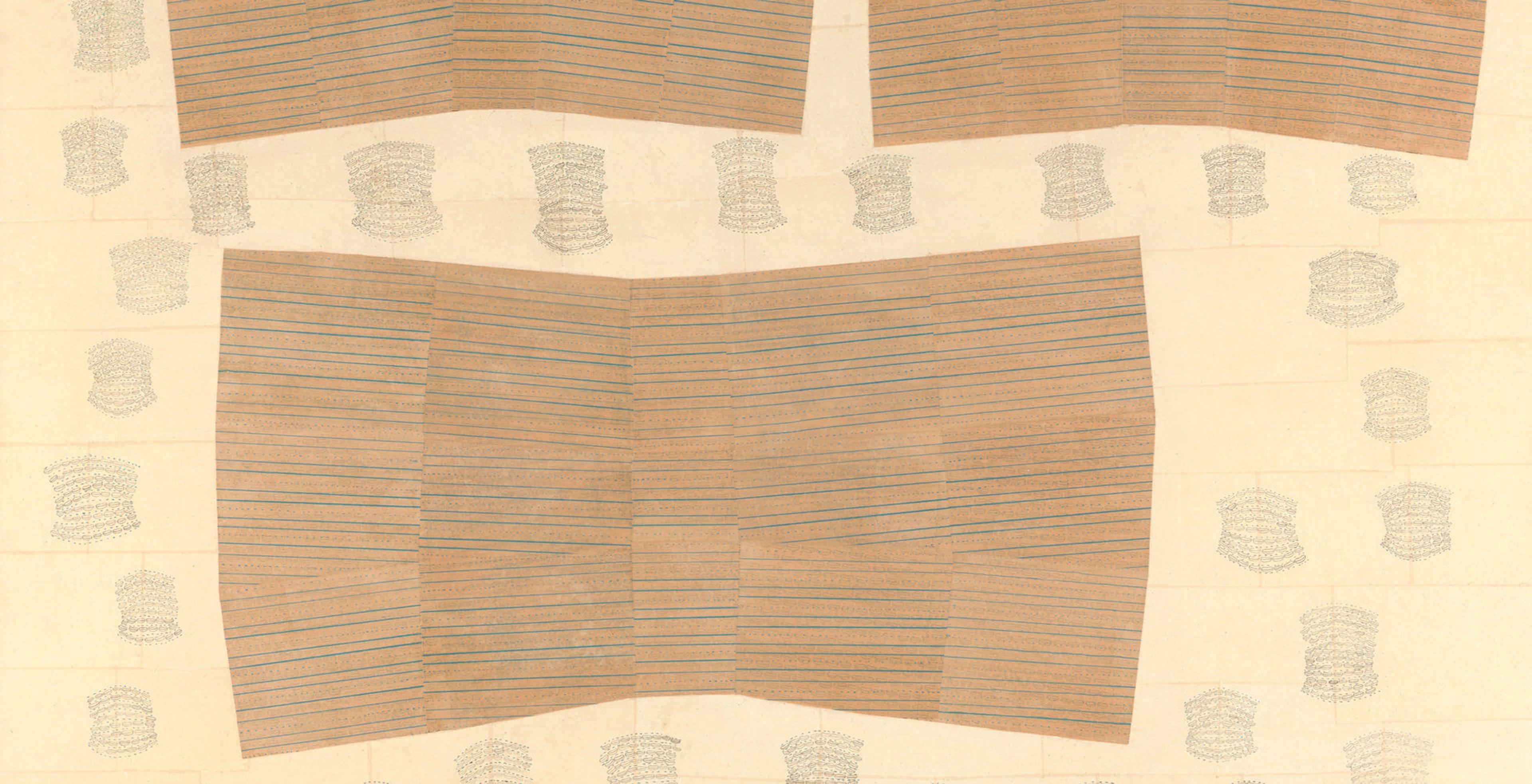 Painting of multiple sheets of drawn paper pasted in rows. Small line drawings of thick lips are embedded throughout this composition