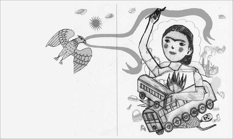A rough pencil sketch of Frida Kahlo on two sheets of paper. Train cars and a flame are tucked under her left arm and her right arm is raised with a brush in her hand. A skeleton waves from beneath one train car. On the left page, an Eagle holds a banner which flows across and behind her raised hand.
