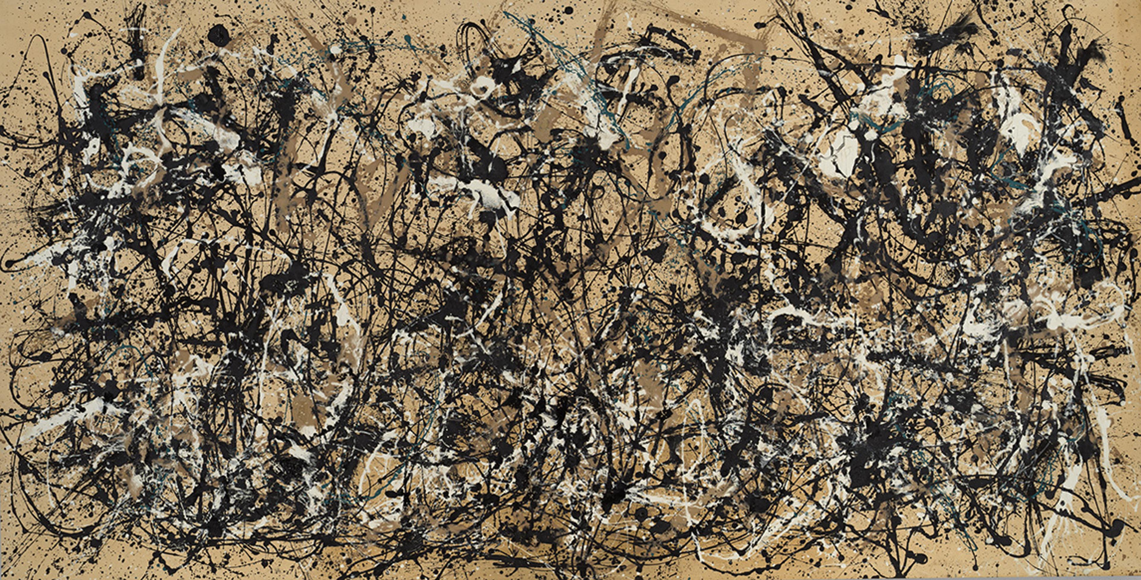 A drip painting in browns, blacks, and whites.