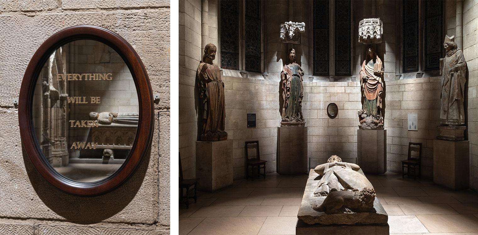 On left is a mirror that says everything will be taken away and on the right is an image of the mirror installed in a stone room with dramatic lighting, four figures and a grave.
