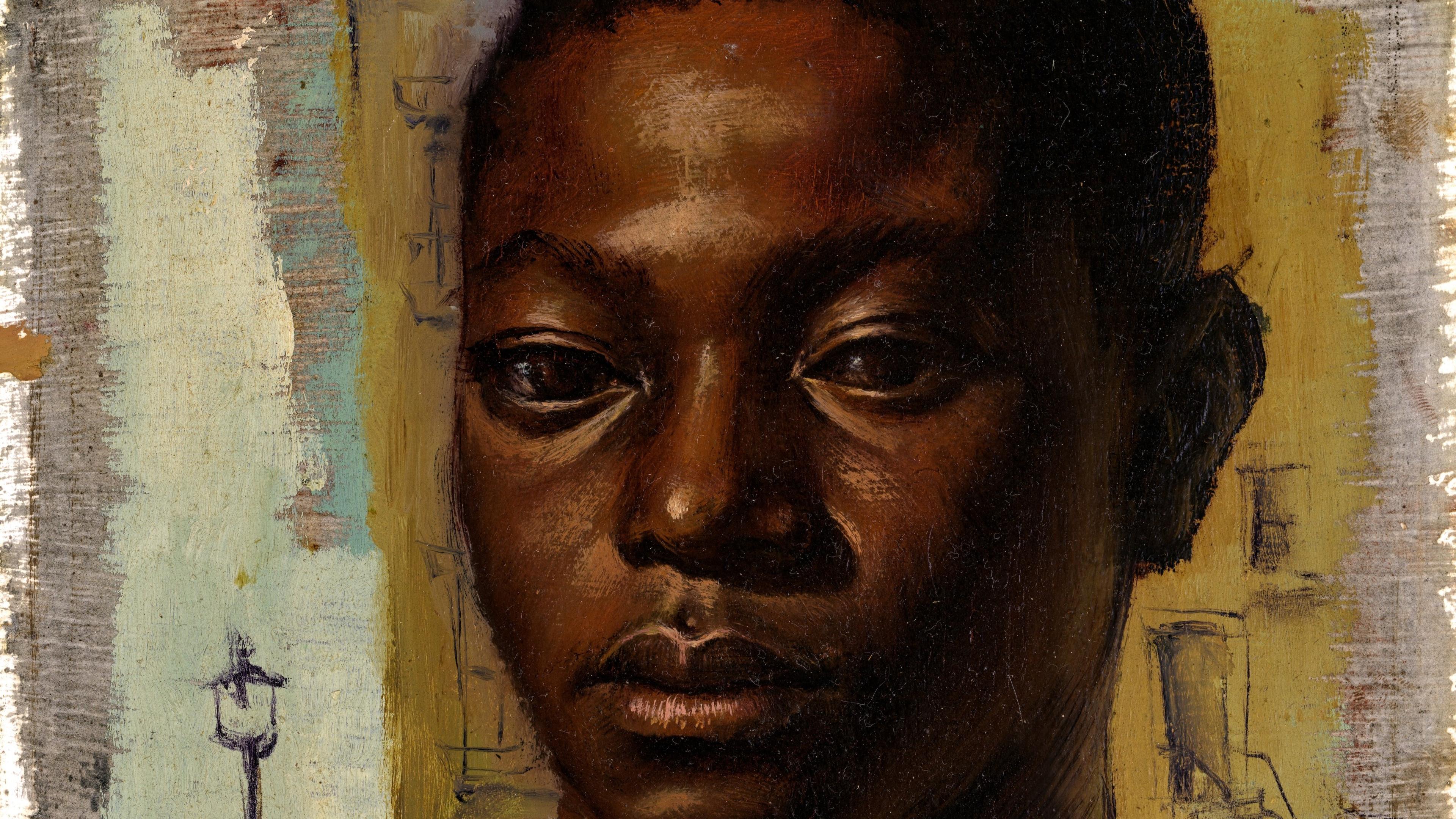 An painting of a black man sitting in front of a background of layered color