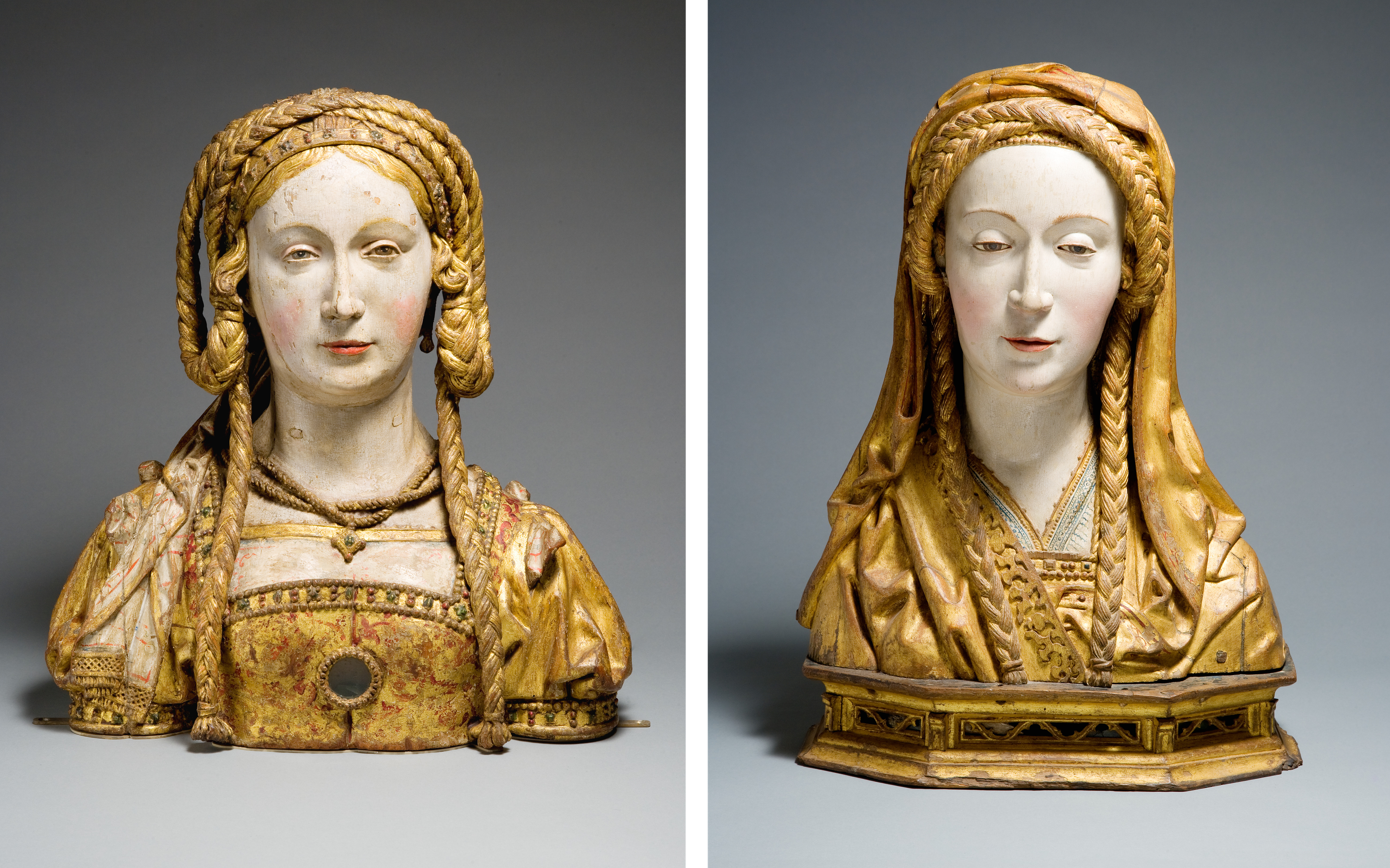 Diptych showing two late medieval busts of women with golden, braided hair and a soft expression