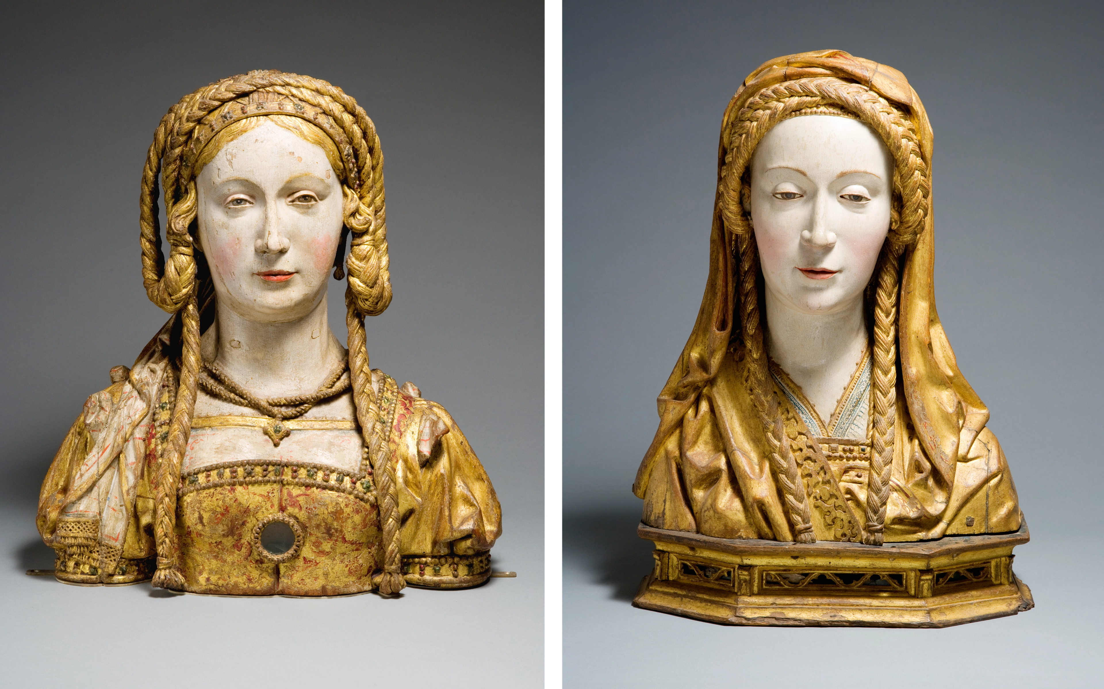 Diptych showing two late medieval busts of women with golden, braided hair and a soft expression
