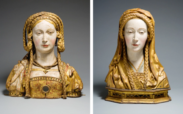 Diptych showing two late medieval busts of women with golden, braided hair and a soft expression