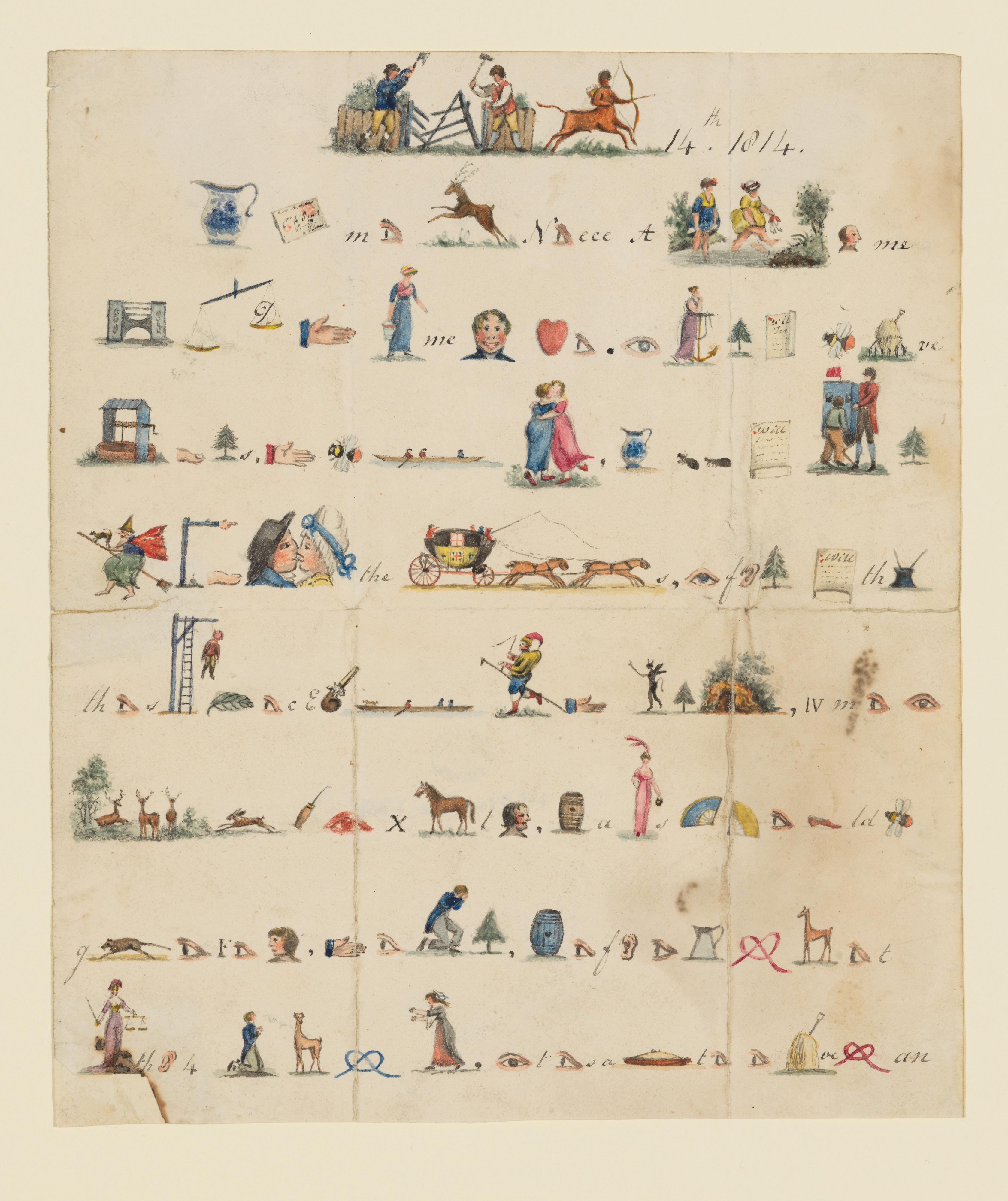 Hand colored pen and ink rebus letter consisting of horizontal lines of images and letters.