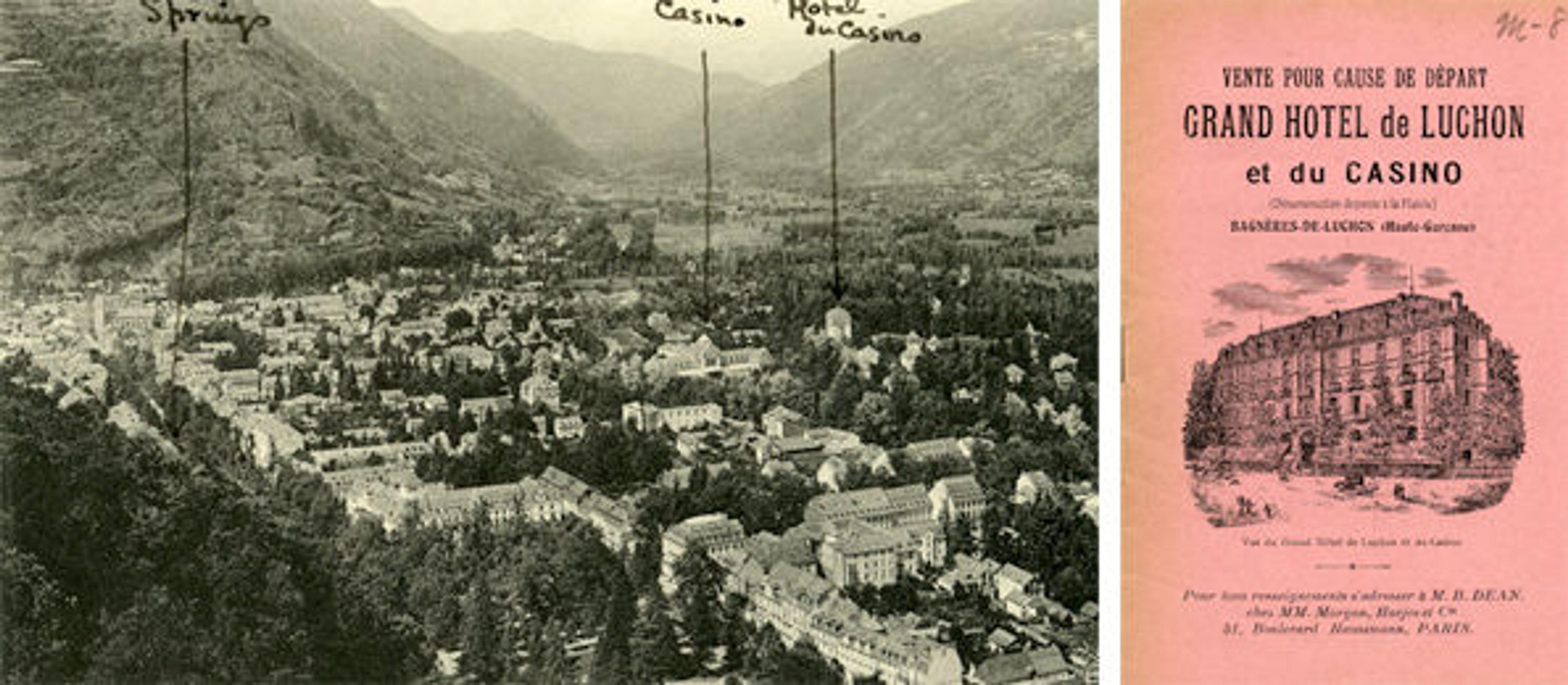 Postcard of Luchon, France, and front page of a brochure for the Riggs property there