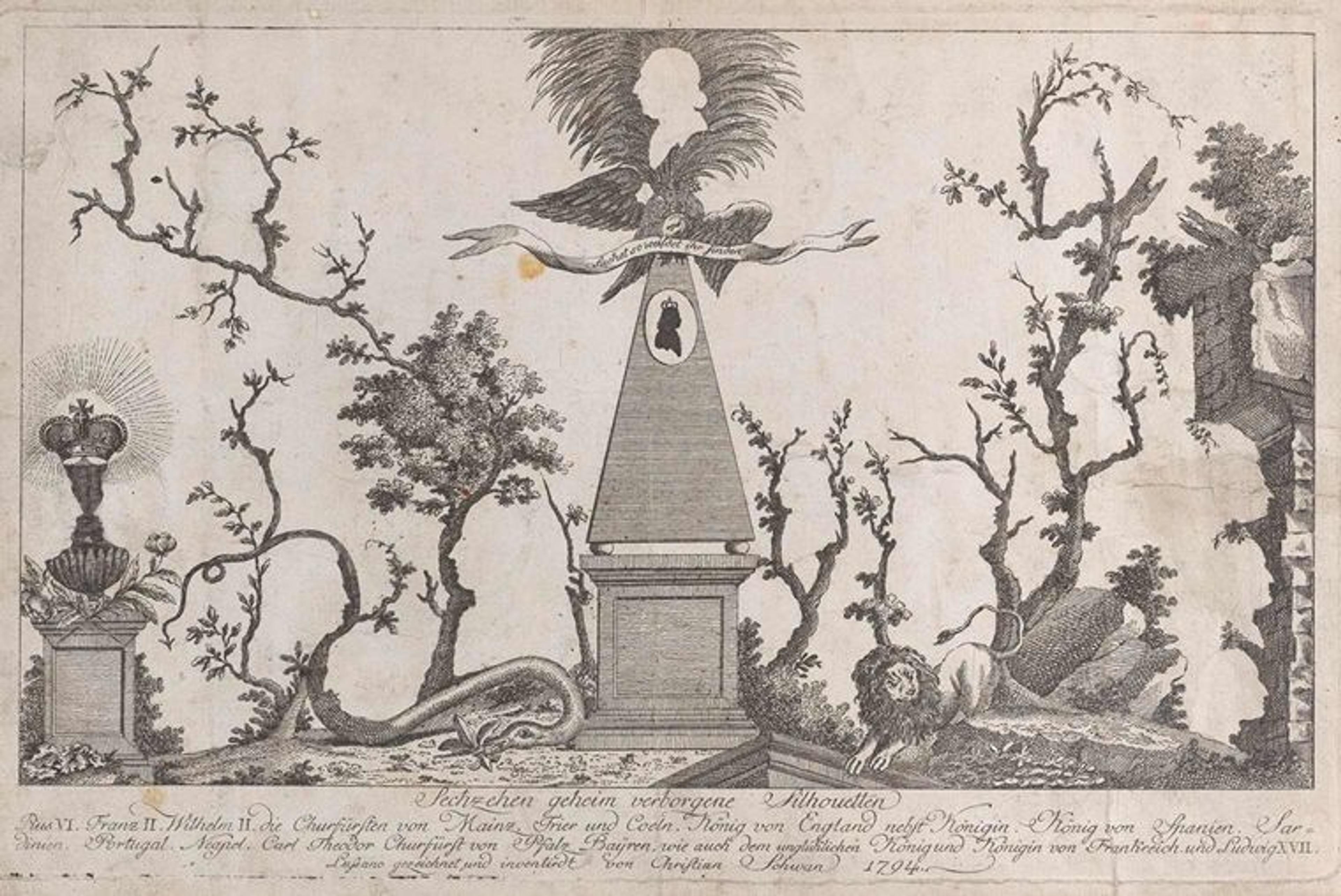 An etching of three monuments in the woods. Hidden in the image are the silhouetted profiles of famous rulers.