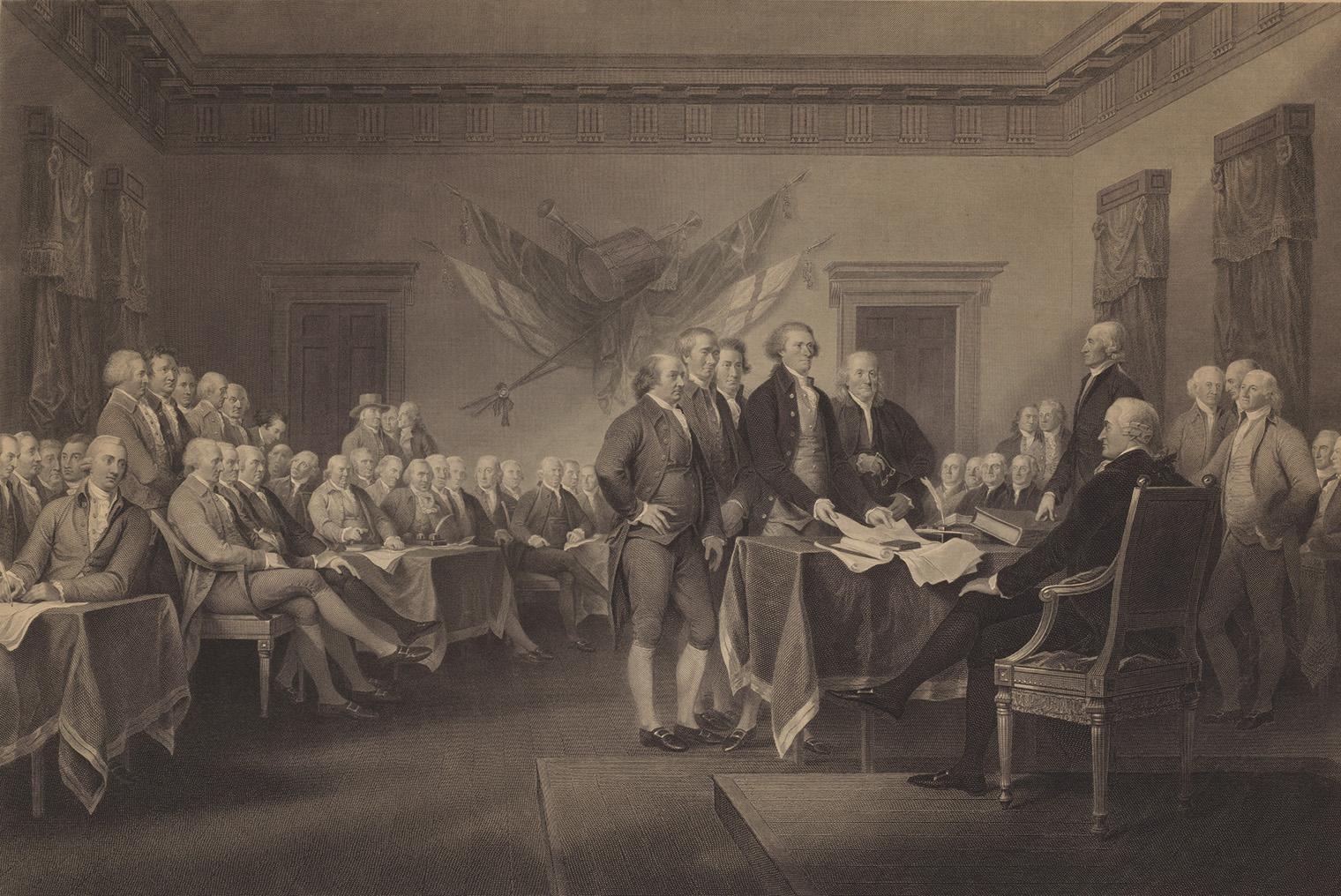 Engraving of a formal 18th-century assembly, with statesmen presenting a document while observers sit and stand in an ornate hall.
