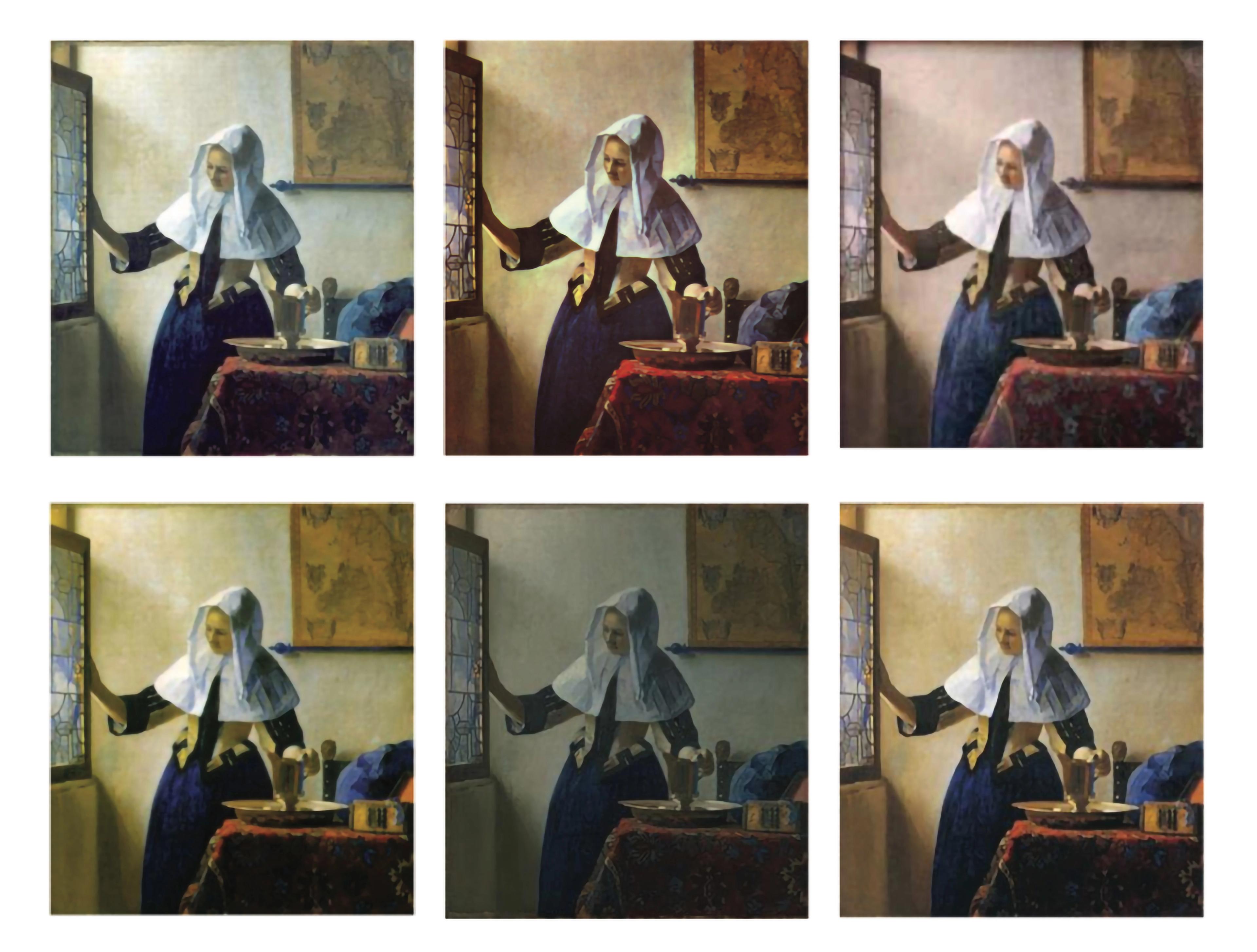 Vermeer's Young Woman with a Water Pitcher, presented six times in varying color tones.
