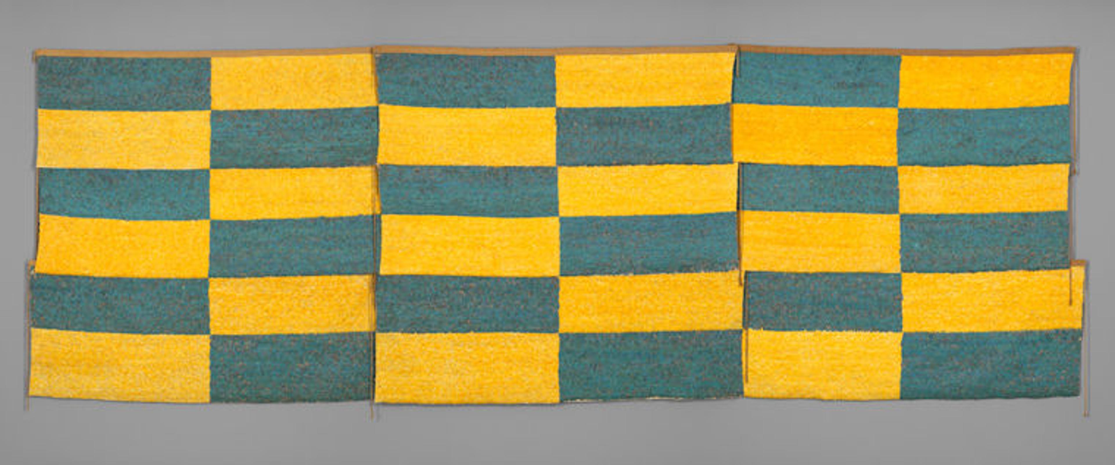 Peruvian featherwork panel made of blue and yellow feathers