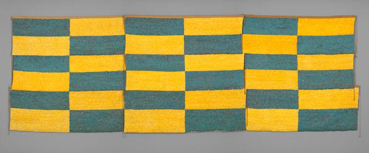 Peruvian featherwork panel made of blue and yellow feathers