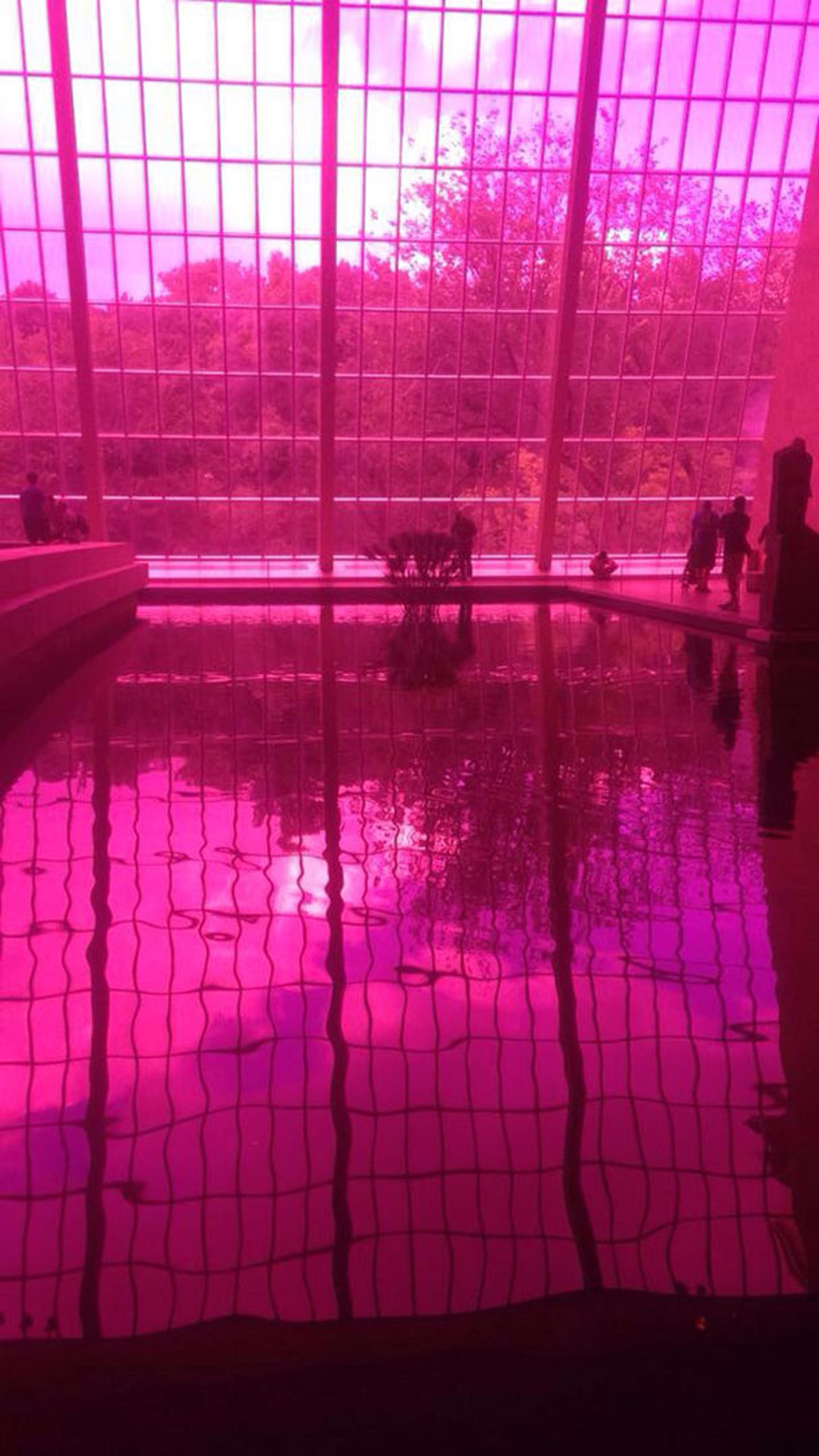 A pink-tinted photgraph of the pool and windows of The Sackler Wing