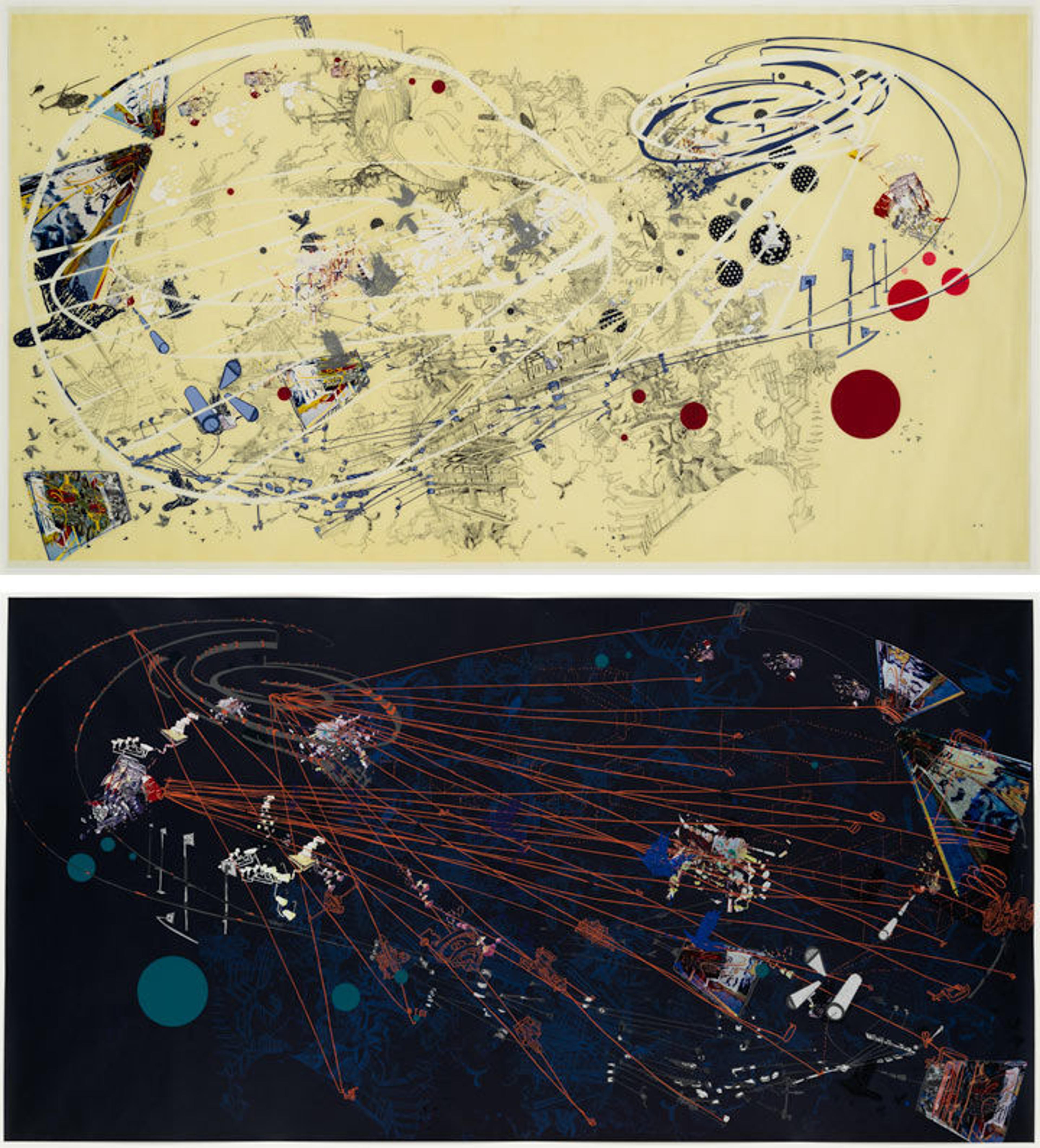 Sarah Sze's 'Untitled [Day]' (top) and 'Night' (bottom), two lithographs with abstract designs