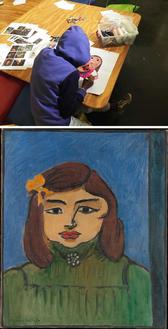 Kefilwe (above) bends over her drawing inspired by Henri Matisse's artwork Nono Lebasque (below).