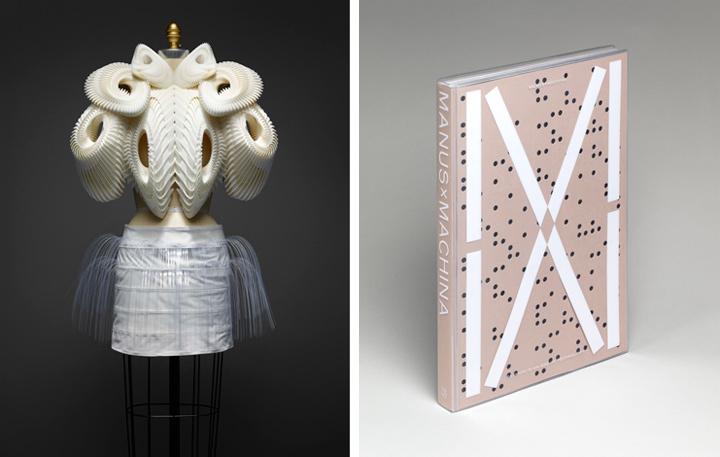 Futuristic white dress, at left, and cover of the catalogue