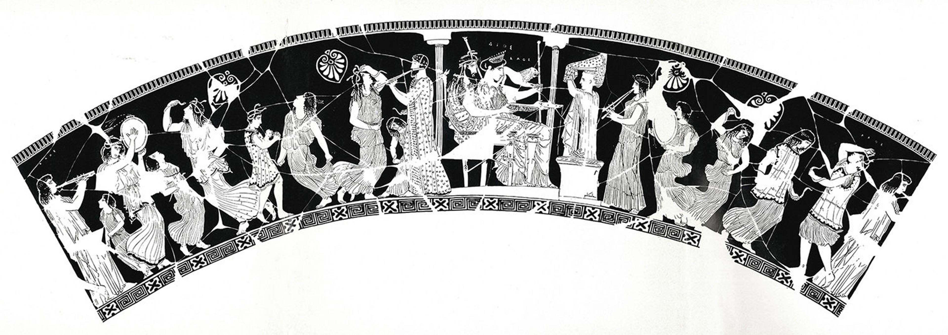 A black-and-white déroulé of the volute-krater scene showing a divine couple surrounded by figures performing and dancing to music.