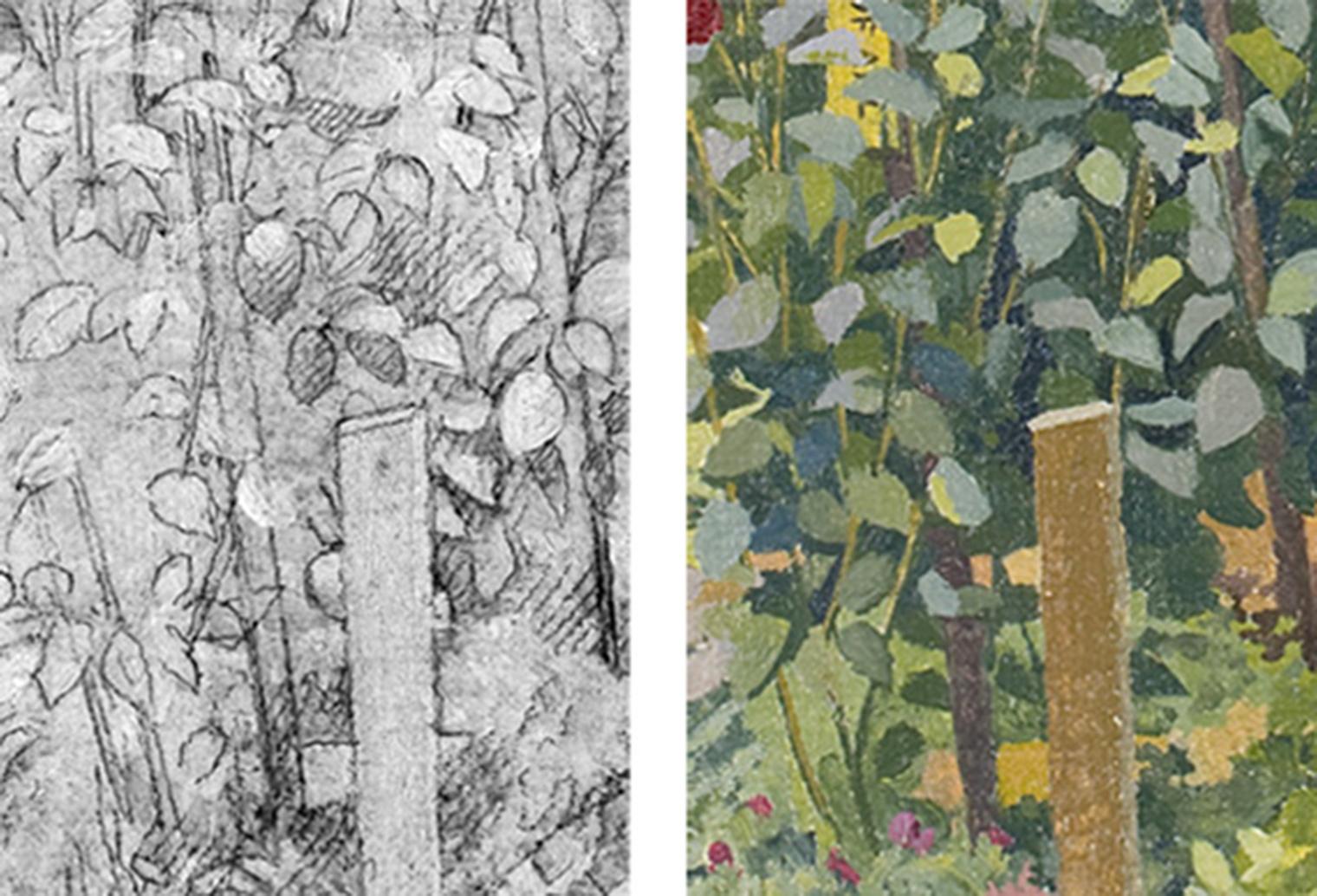 At left, an infrared image of a detail of King’s Cookham Rise, showing sketching obscured by paint. A detail of the painting in color sits at right