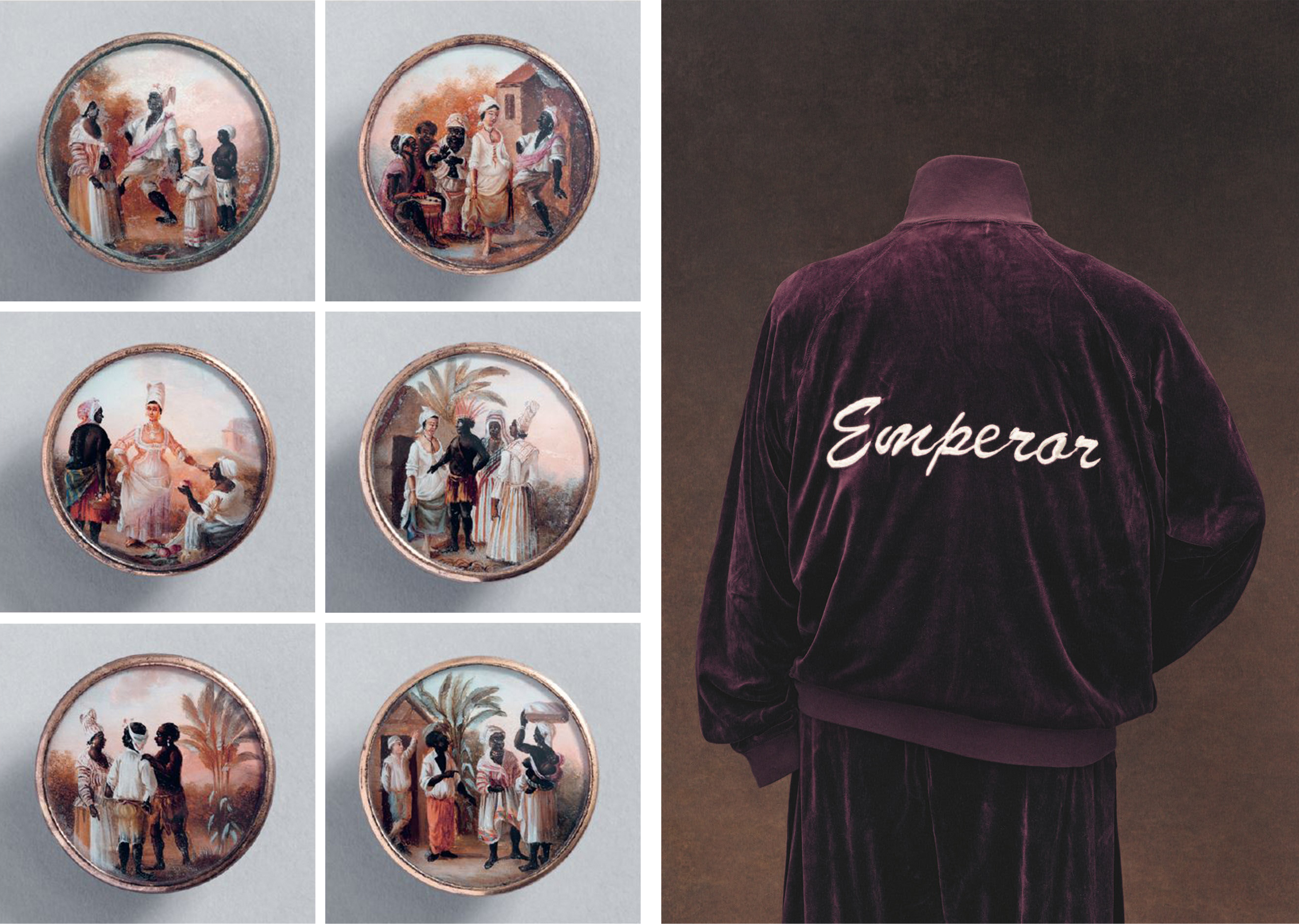 At left, grid of six buttons, each decorated with detailed painting. At right, the back of a wine-colored velour jacket with "Emperor" written in white script.