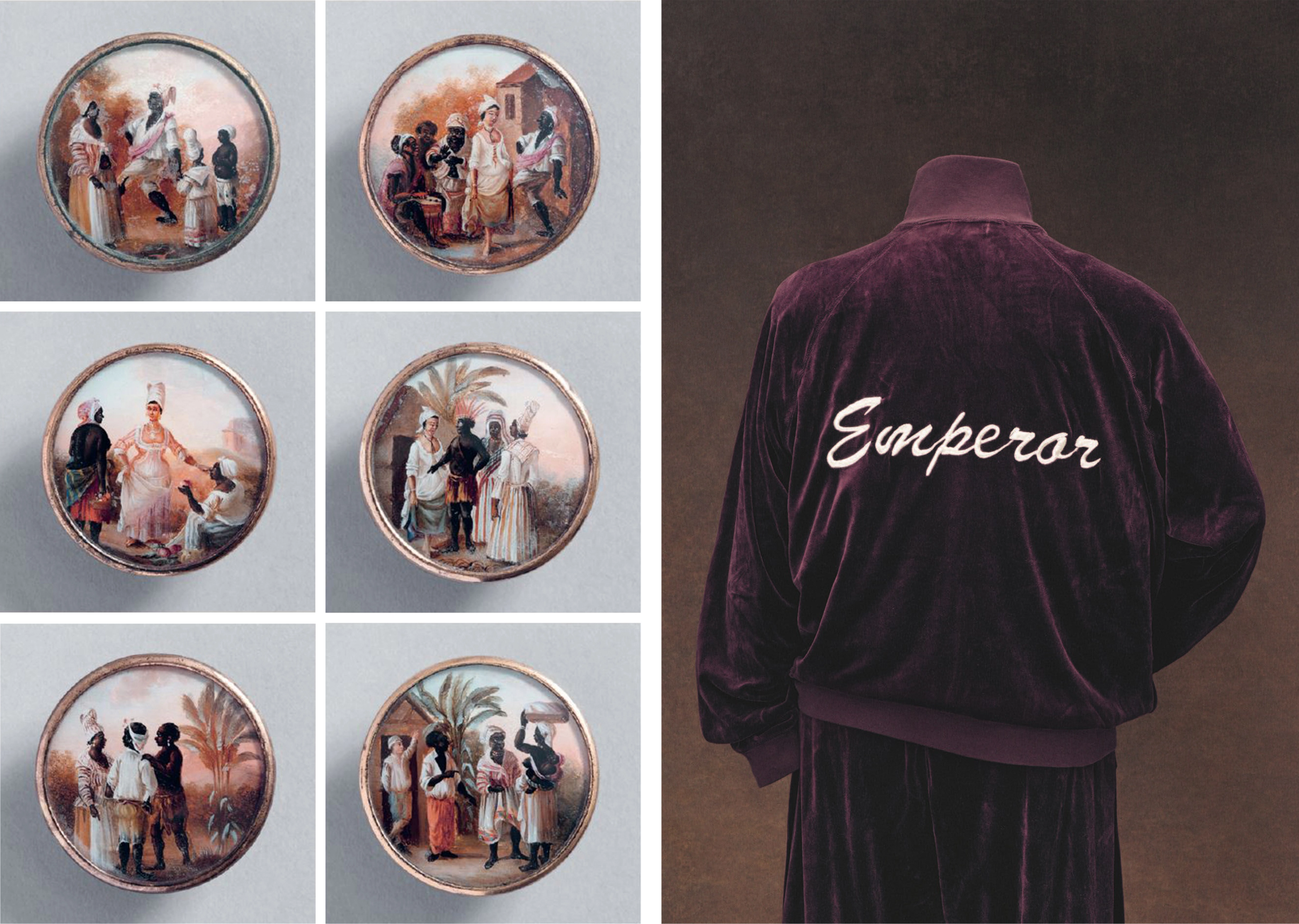 At left, grid of six buttons, each decorated with detailed painting. At right, the back of a wine-colored velour jacket with "Emperor" written in white script.