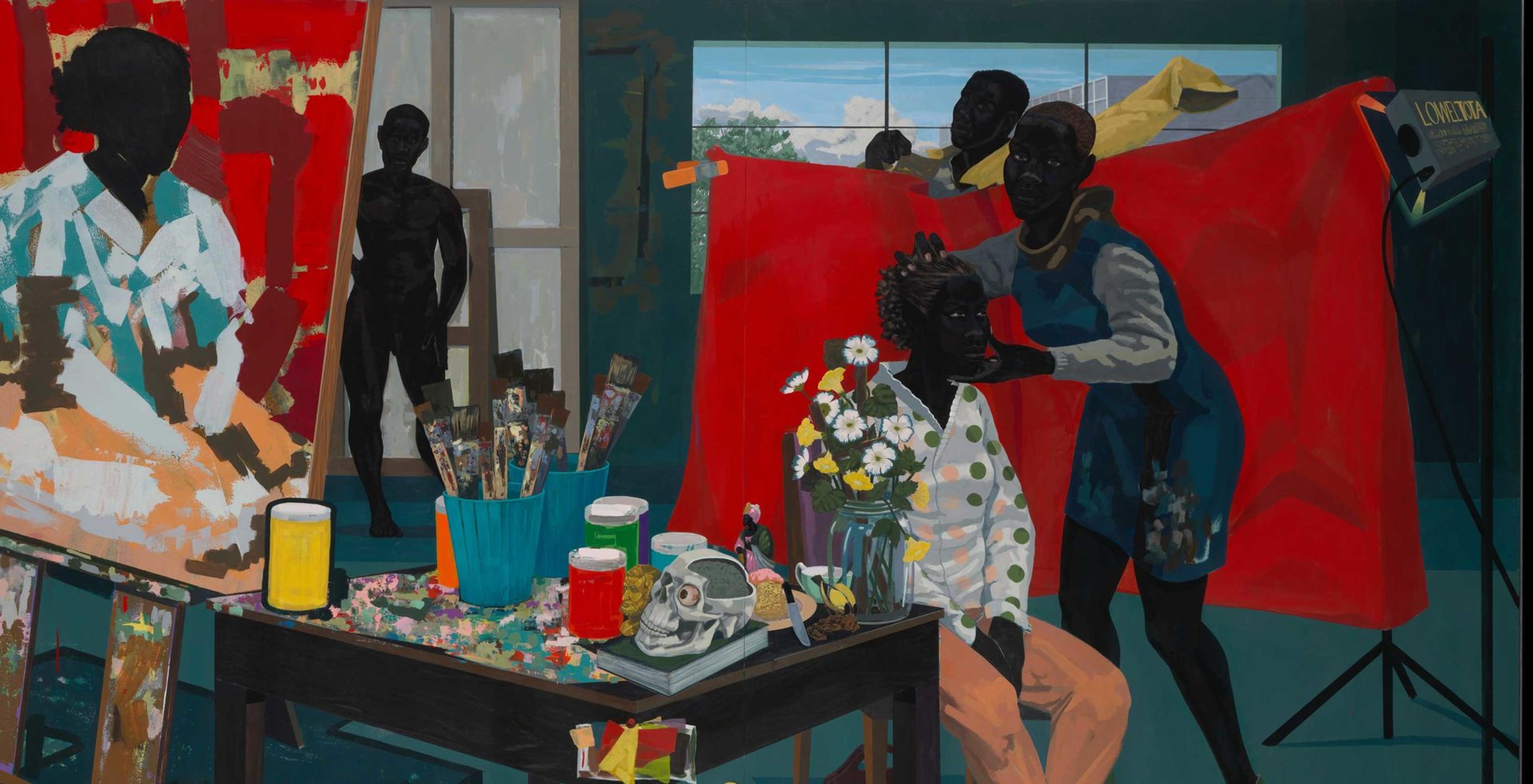 A colorful painting of a studio scene with Black figures engaged in various activities against a red backdrop, art supplies, a painting in progress on an easel, and a yellow dog under the table.