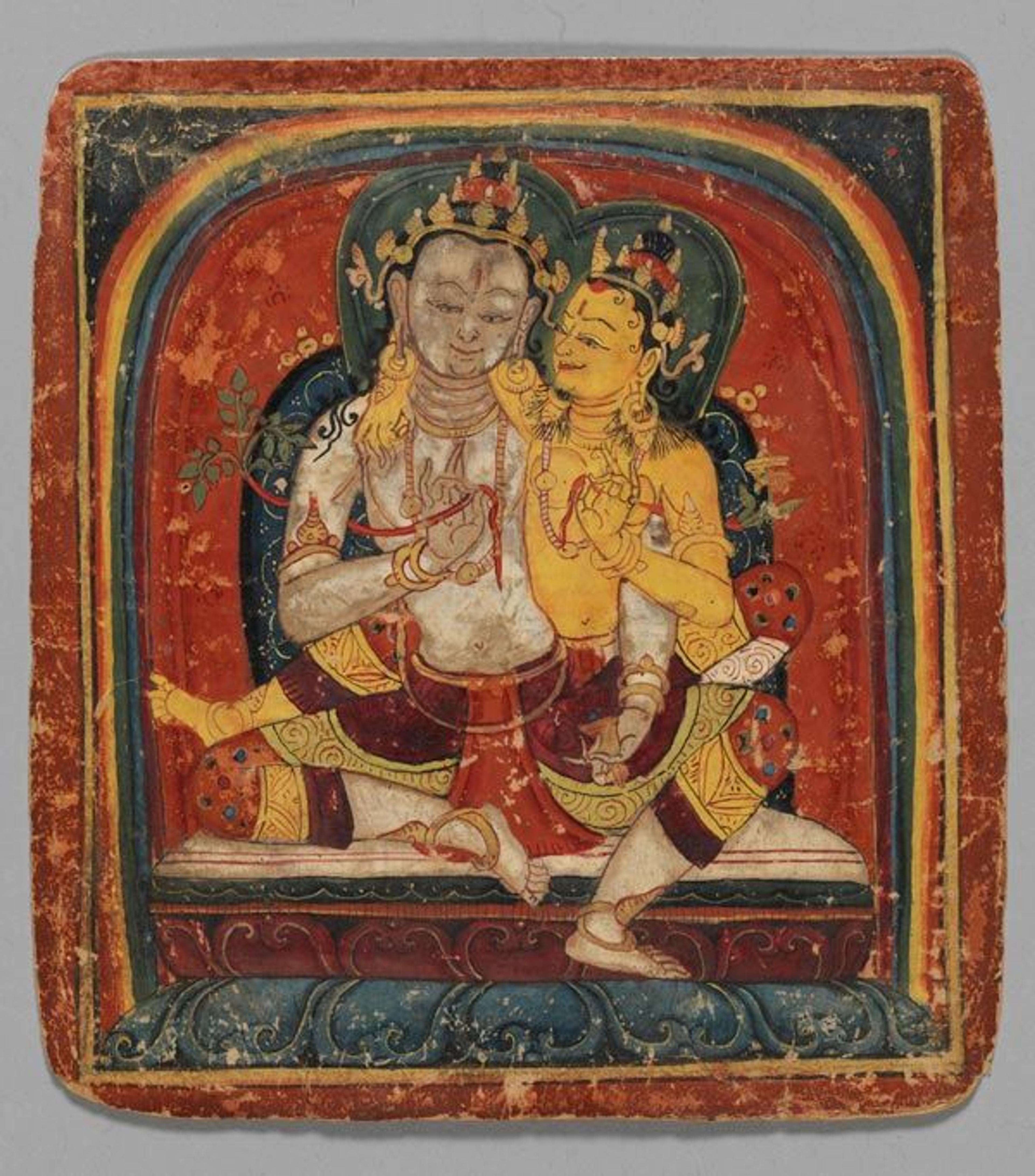 Initiation Card (Tsakali): Maitreya and consort, early 15th century | Tibet | 2000.282.10