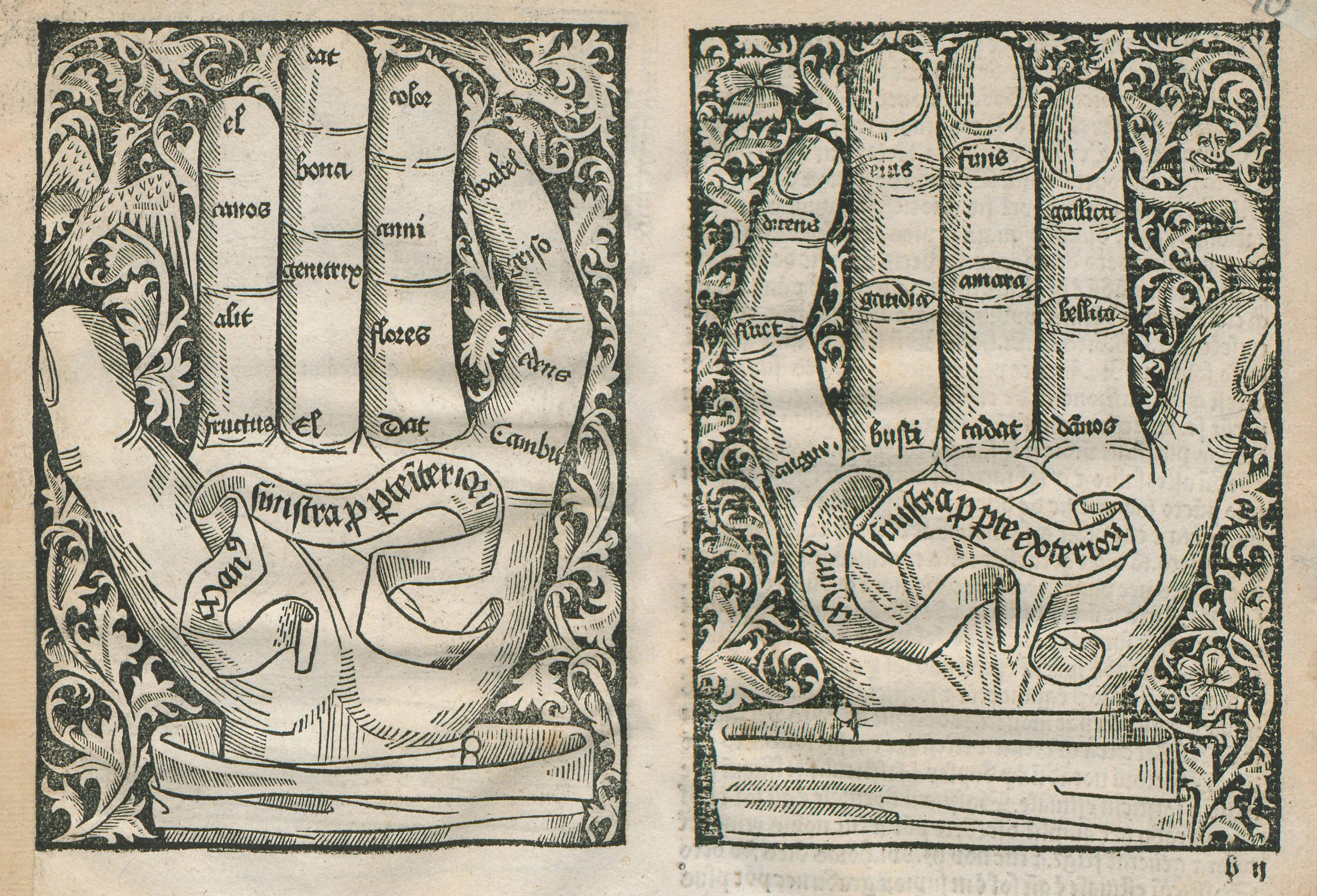 Two medieval hand diagrams labeled with Latin text, surrounded by decorative foliage, birds, and animals.
