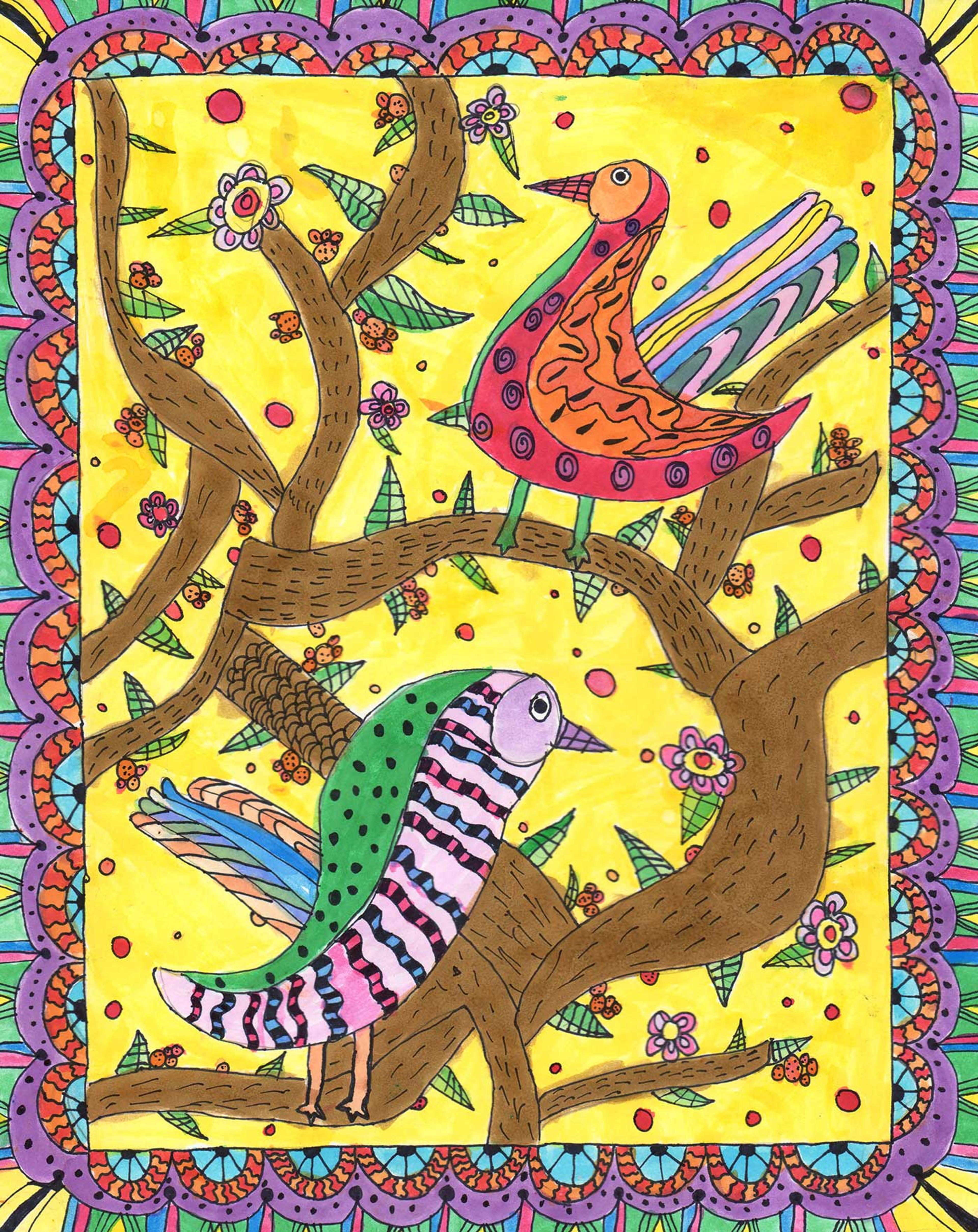 Watercolor painting of two birds in colorful patterns sitting on branches with a yellow background with a patterned border.