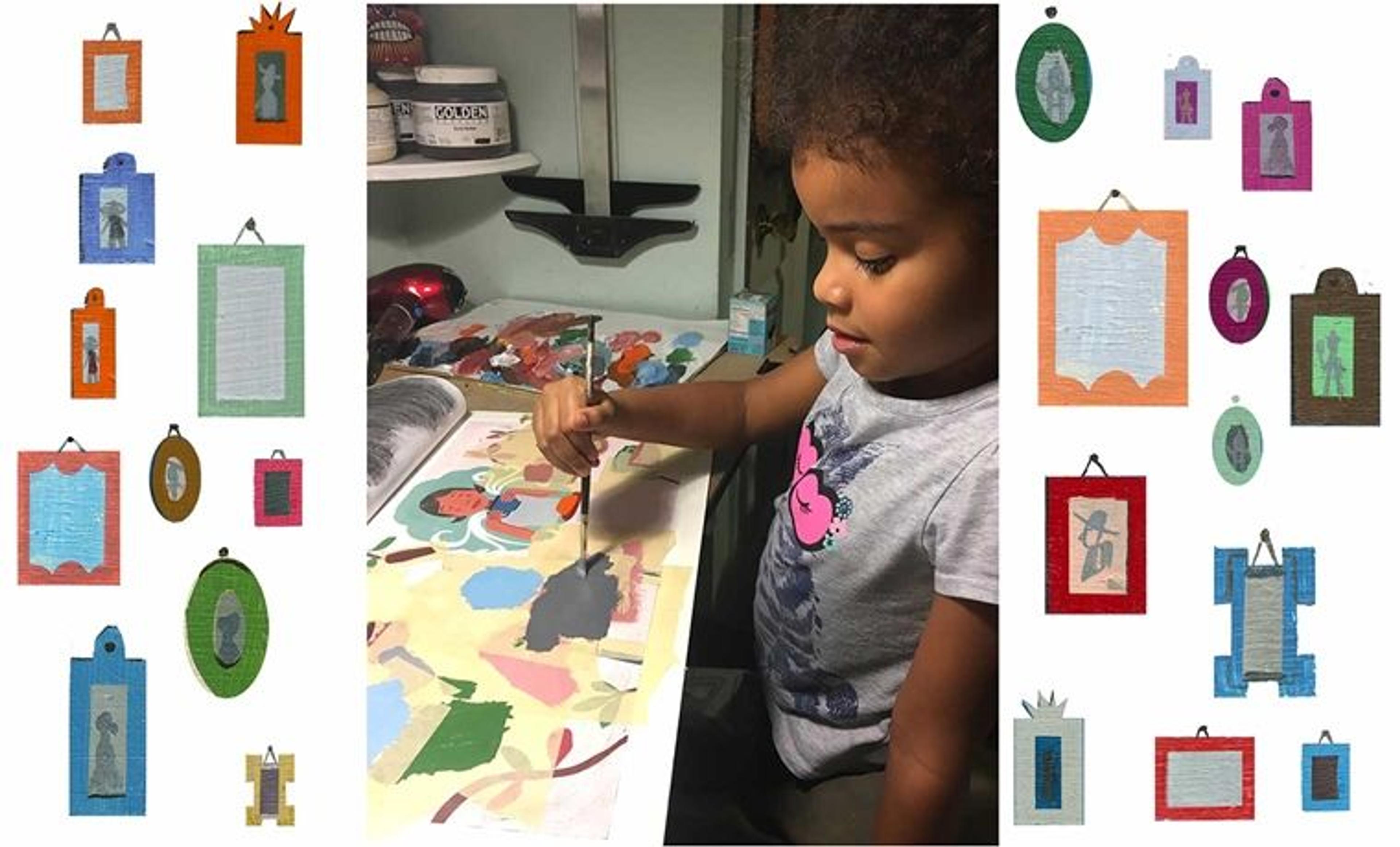 A small girl applies paint to a painting in process of Frida Kahlo. Bits of tape cover parts of the painting with splotches of color over them. illustrated pictures frame on either side of the photograph.