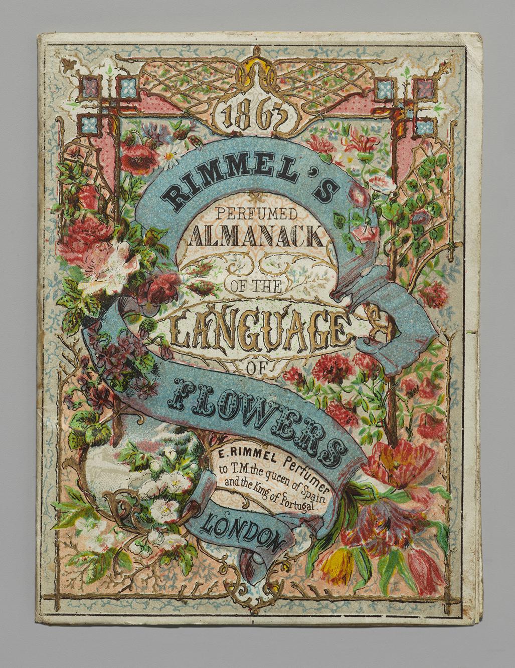 Ornate color lithographed cover with floral borders of Rimmel's Perfumed Almanac