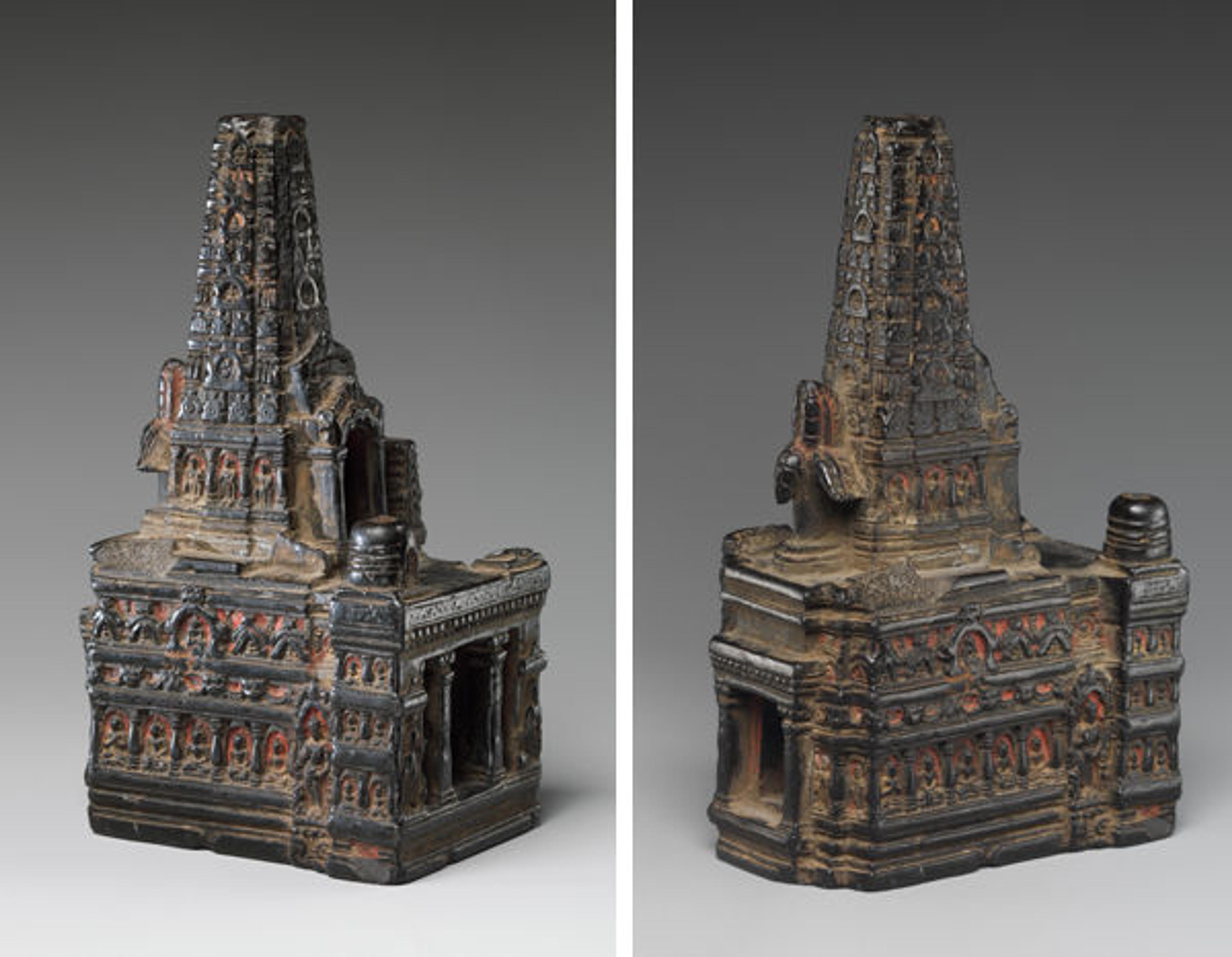 Front and back of a Model of Mahabodhi Temple showing the placement of the Bodhi tree